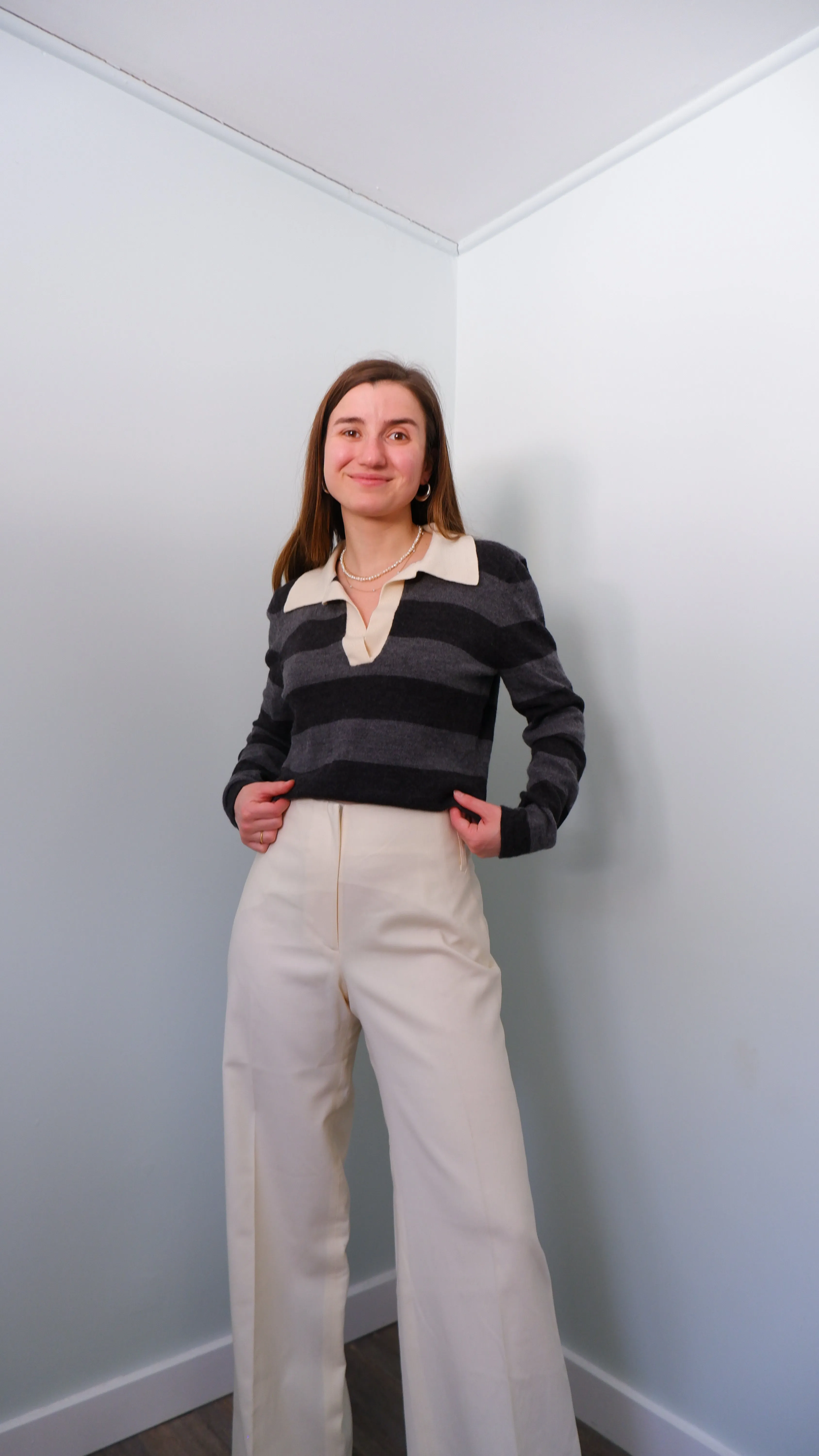 90s Grey & Cream Striped Merino Polo - L