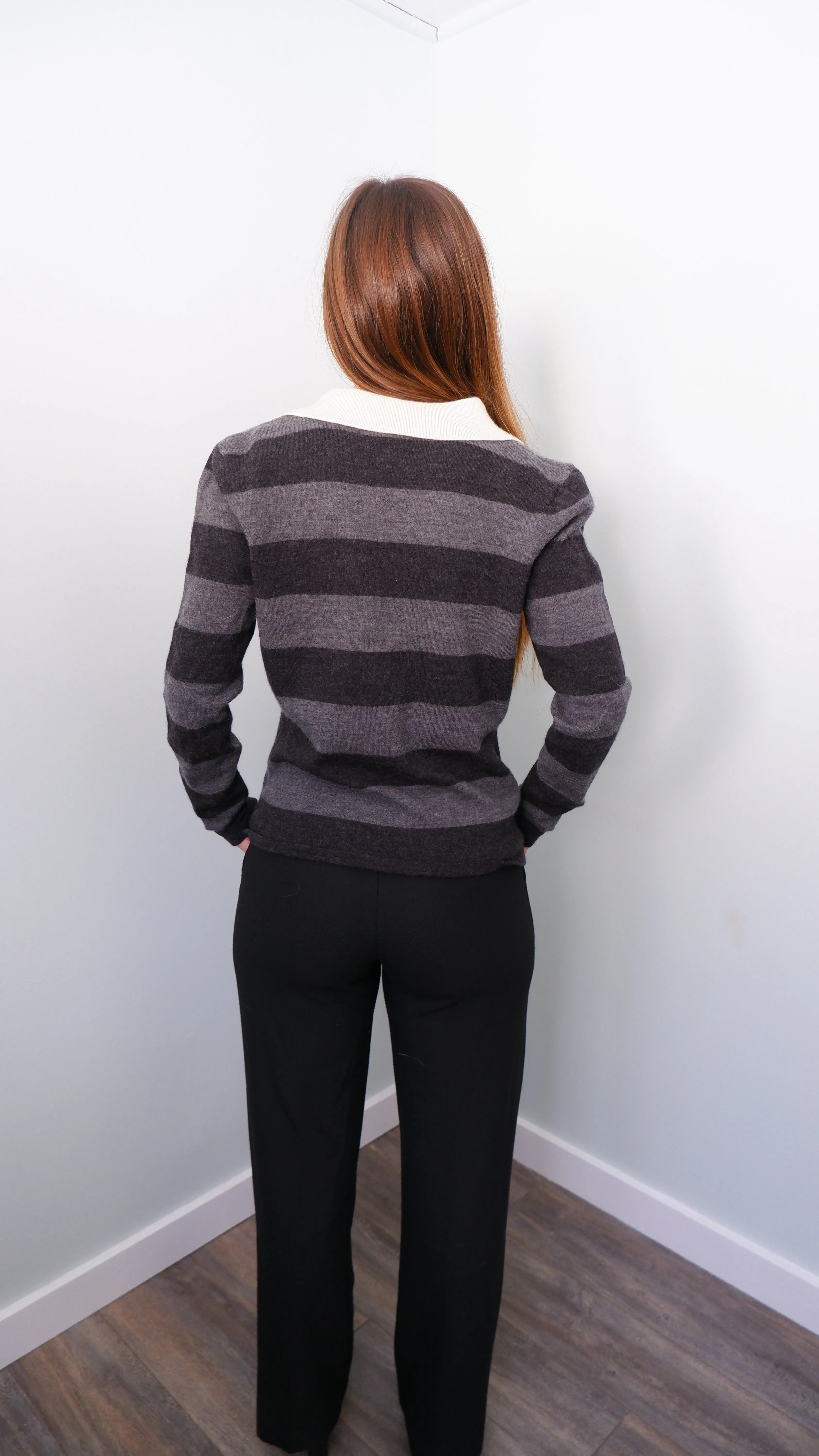 90s Grey & Cream Striped Merino Polo - L