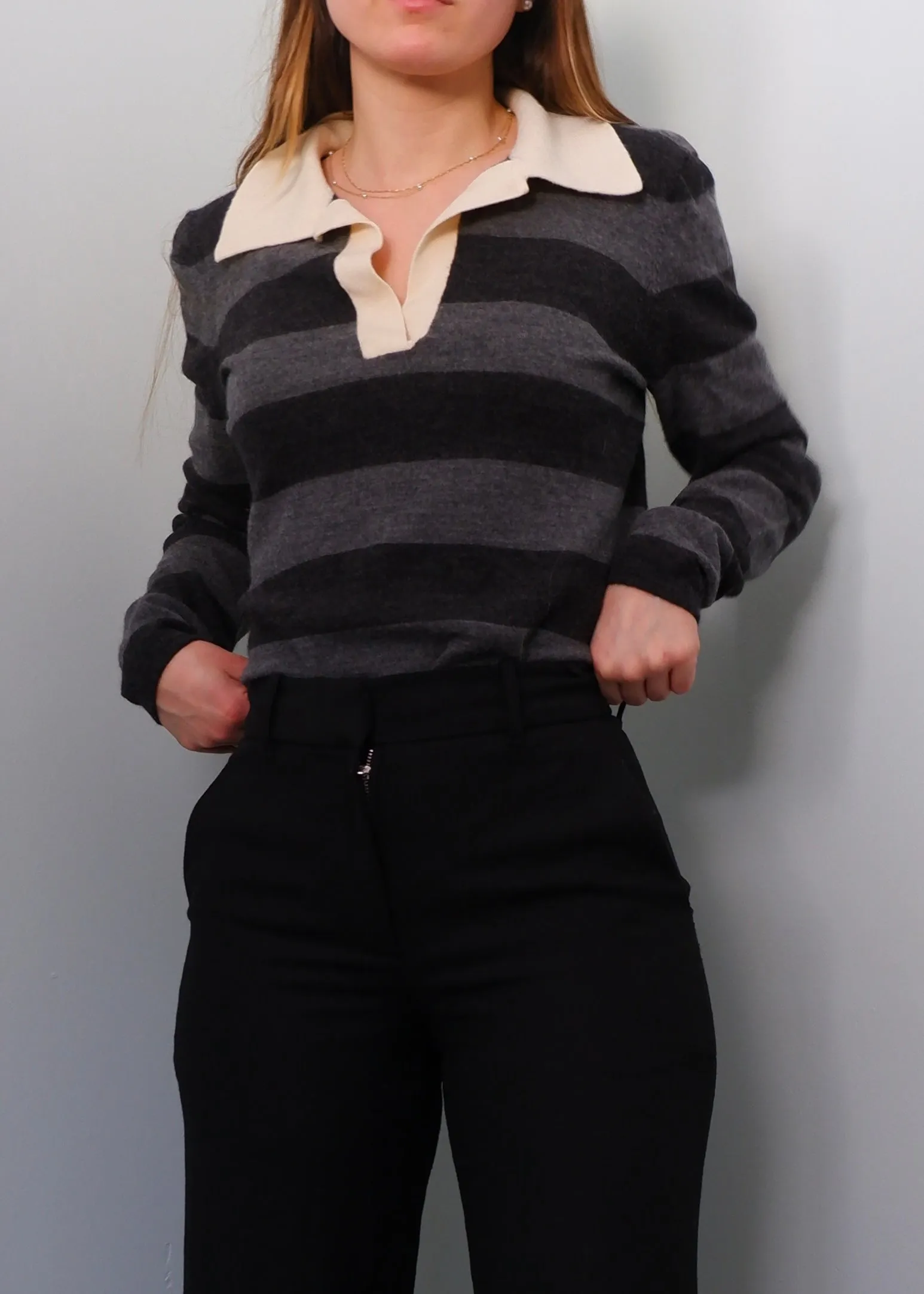 90s Grey & Cream Striped Merino Polo - L