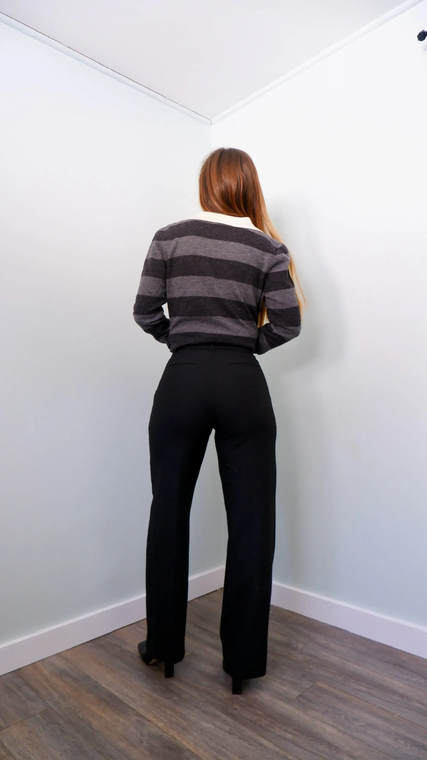90s Grey & Cream Striped Merino Polo - L