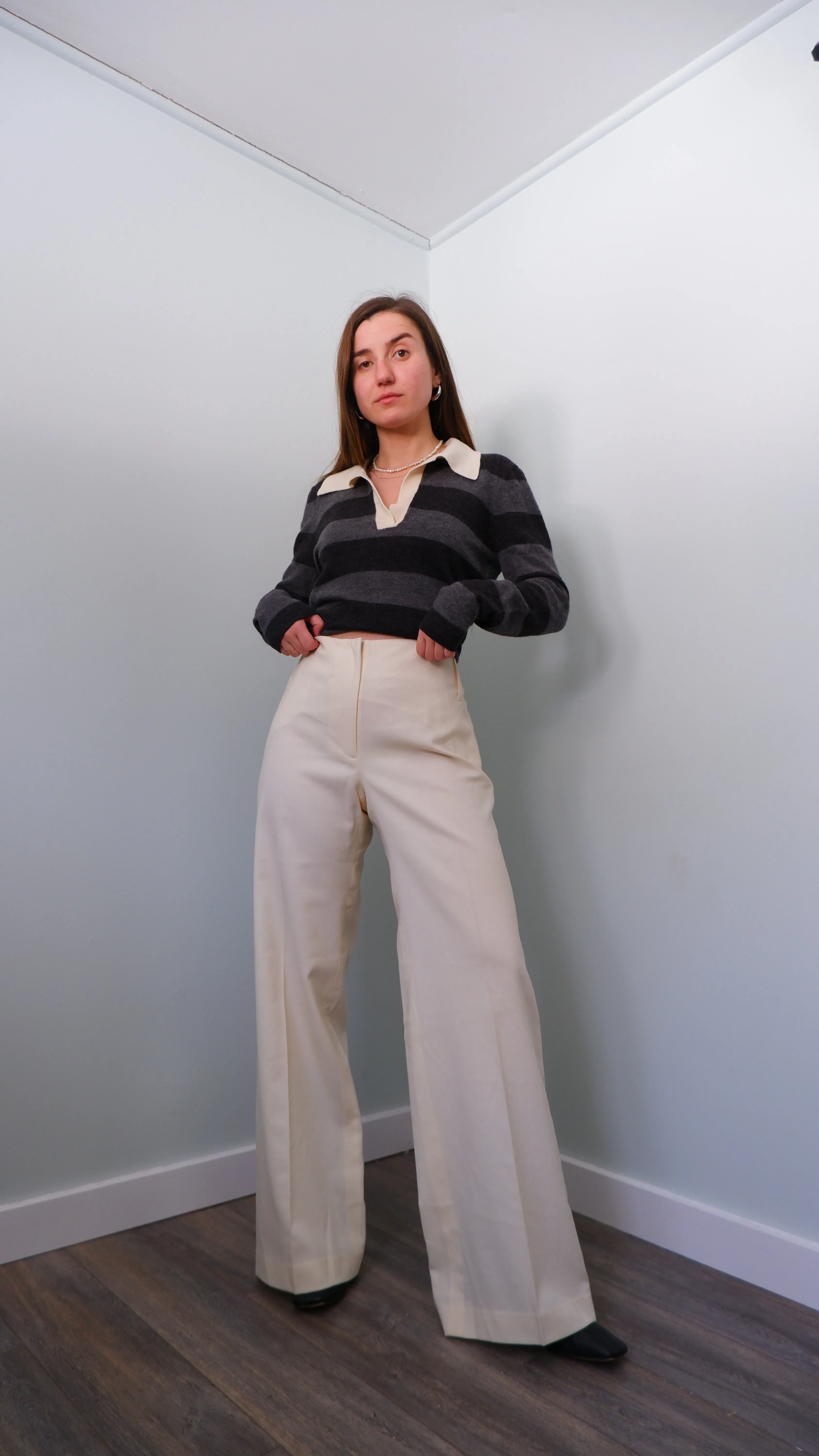 90s Grey & Cream Striped Merino Polo - L
