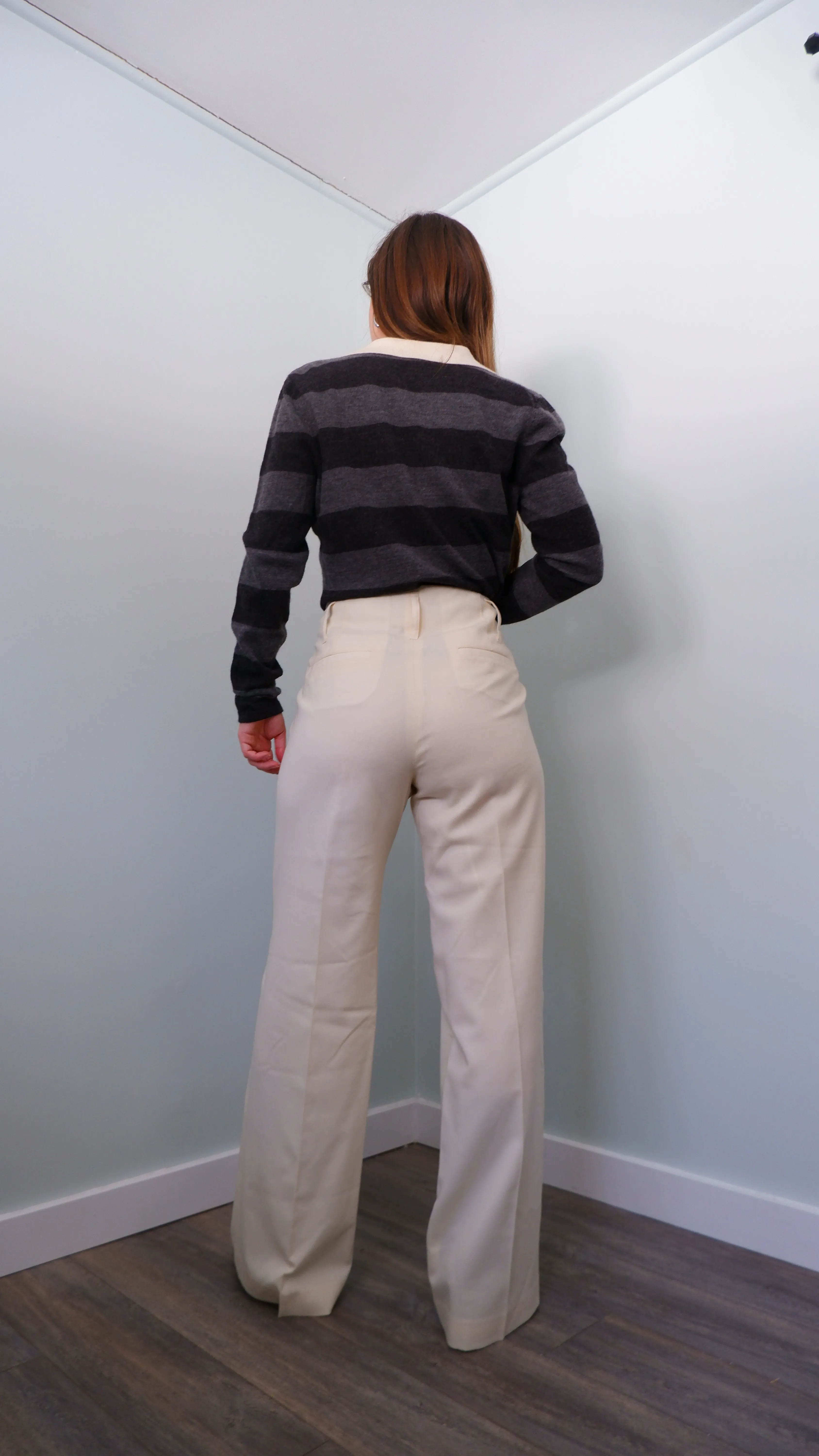 90s Grey & Cream Striped Merino Polo - L