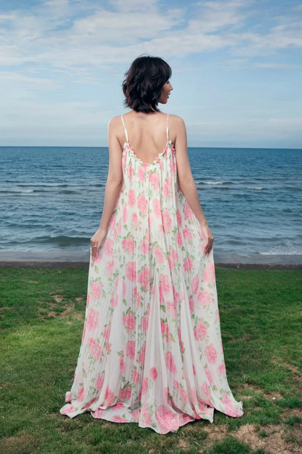Aurore Straight V-Neck Organza Voile Floor Length Dress