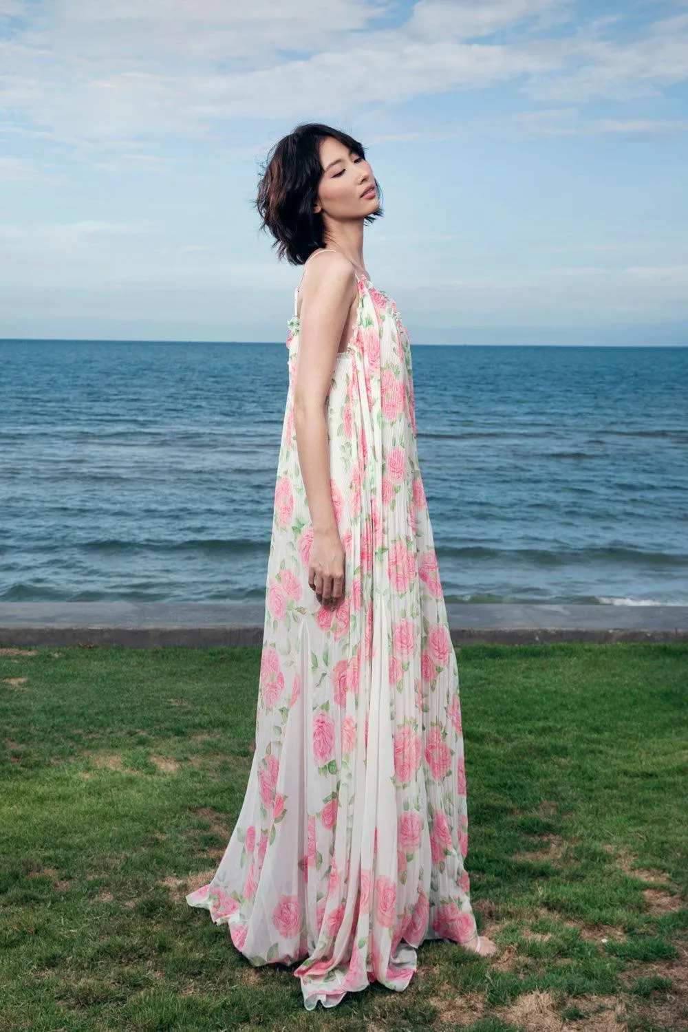 Aurore Straight V-Neck Organza Voile Floor Length Dress