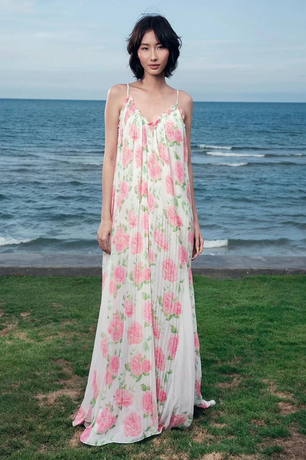 Aurore Straight V-Neck Organza Voile Floor Length Dress