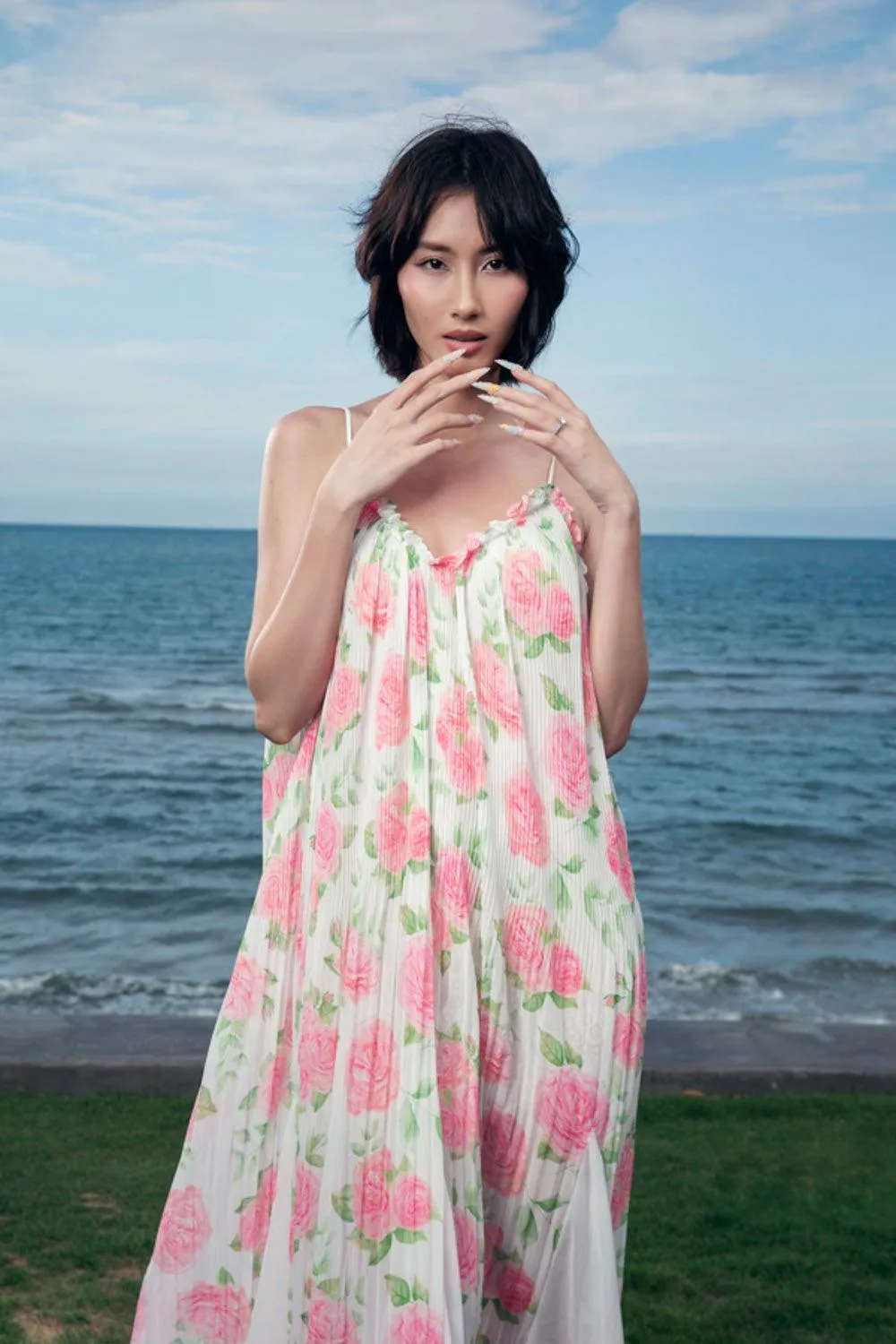 Aurore Straight V-Neck Organza Voile Floor Length Dress