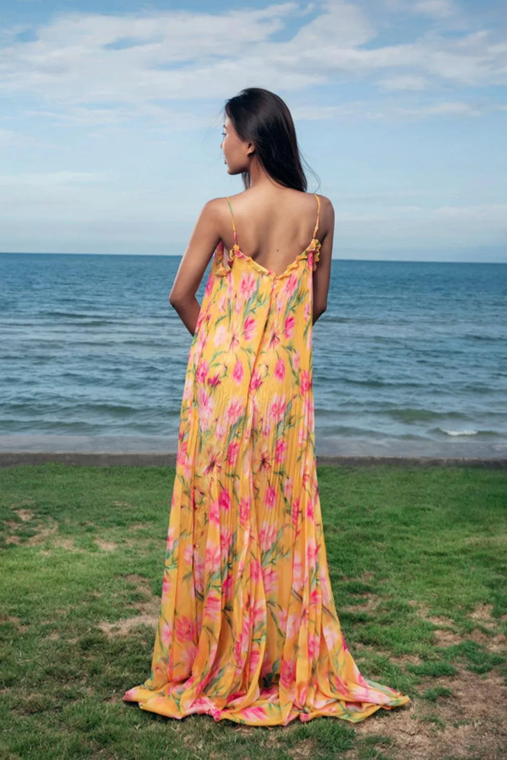 Aurore Straight V-Neck Organza Voile Floor Length Dress