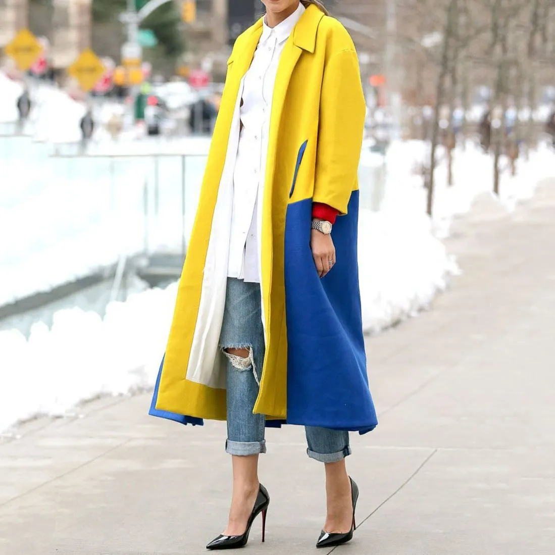 Autumn and winter new ladies coat jacket Fashion folded collar stitching plaid coat jacket
