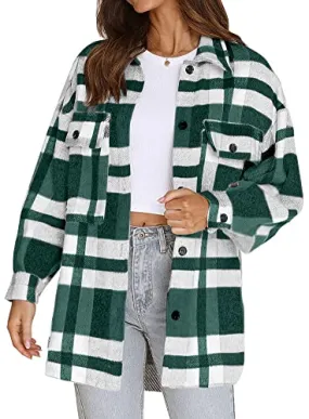 Beaully Women's Brushed Plaid Shirts Long Sleeve Flannel Lapel Button Down Pocketed Shacket Jacket Coats 6017 Green X-Large1