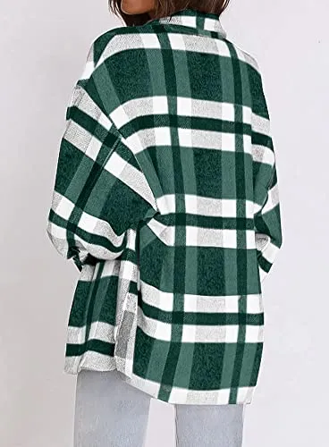 Beaully Women's Brushed Plaid Shirts Long Sleeve Flannel Lapel Button Down Pocketed Shacket Jacket Coats 6017 Green X-Large1