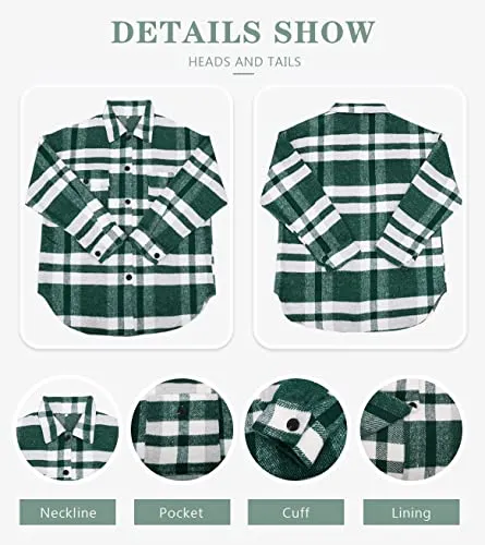 Beaully Women's Brushed Plaid Shirts Long Sleeve Flannel Lapel Button Down Pocketed Shacket Jacket Coats 6017 Green X-Large1