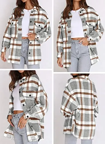 Beaully Women's Brushed Plaid Shirts Long Sleeve Flannel Lapel Button Down Pocketed Shacket Jacket Coats 6017 Khaki Medium