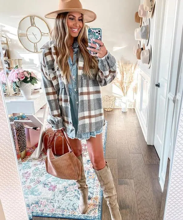 Beaully Women's Brushed Plaid Shirts Long Sleeve Flannel Lapel Button Down Pocketed Shacket Jacket Coats 6017 Khaki Medium