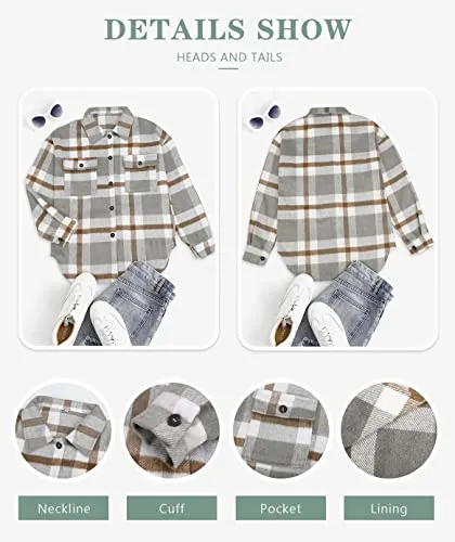 Beaully Women's Brushed Plaid Shirts Long Sleeve Flannel Lapel Button Down Pocketed Shacket Jacket Coats 6017 Khaki Medium