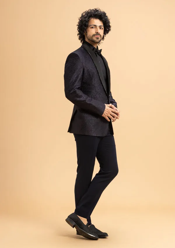 Blue Italian Woollen Suit with a leather piping and embroidery