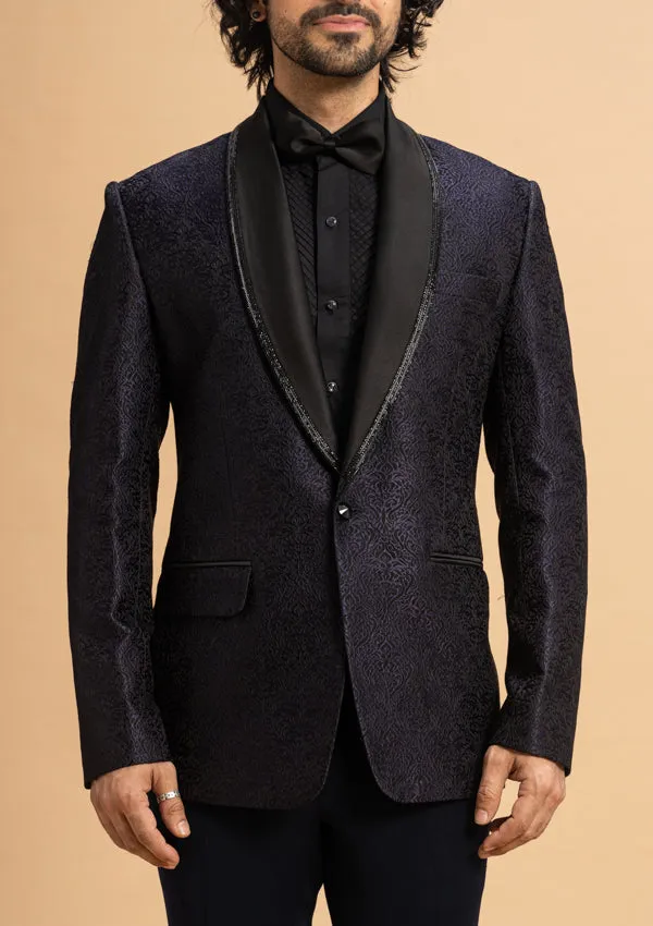Blue Italian Woollen Suit with a leather piping and embroidery