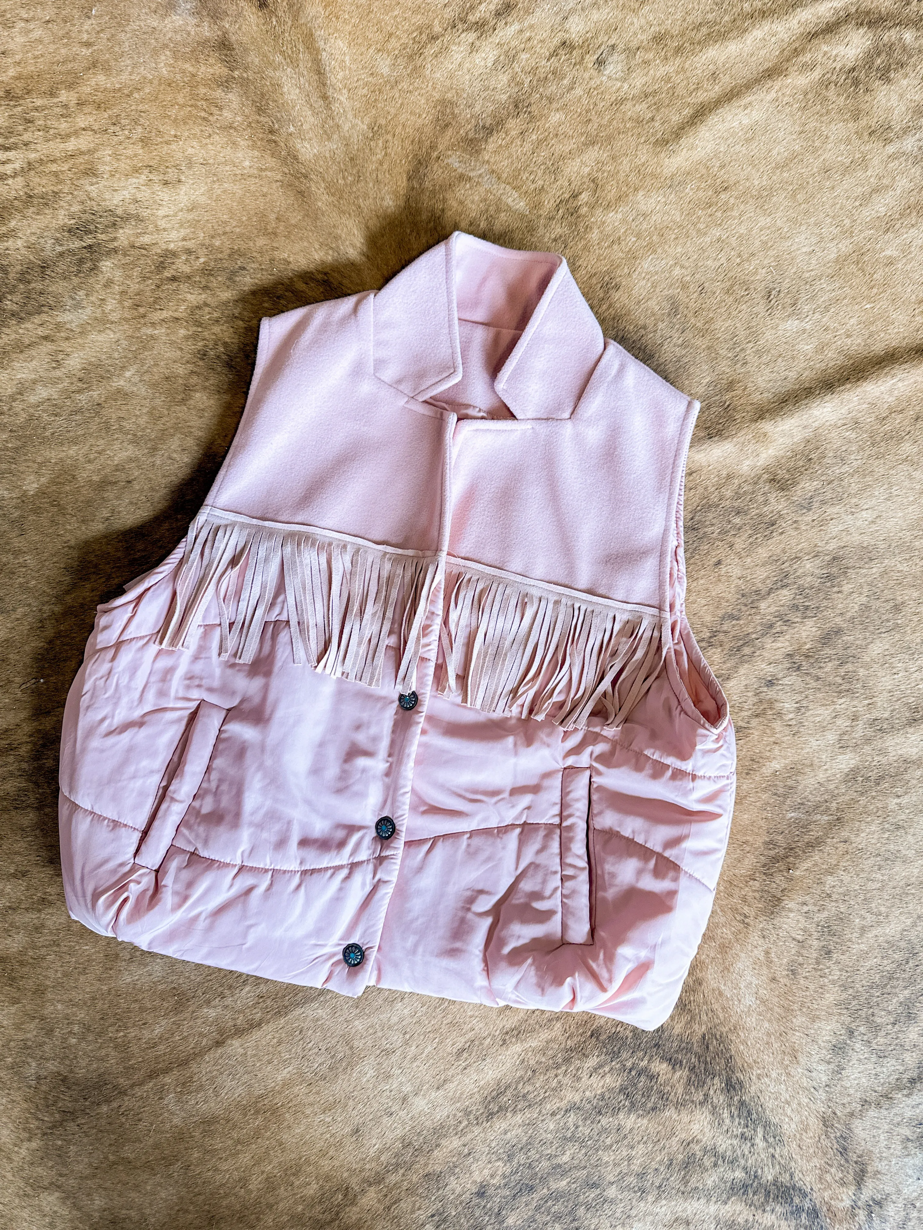 Blush fringe puffer vest