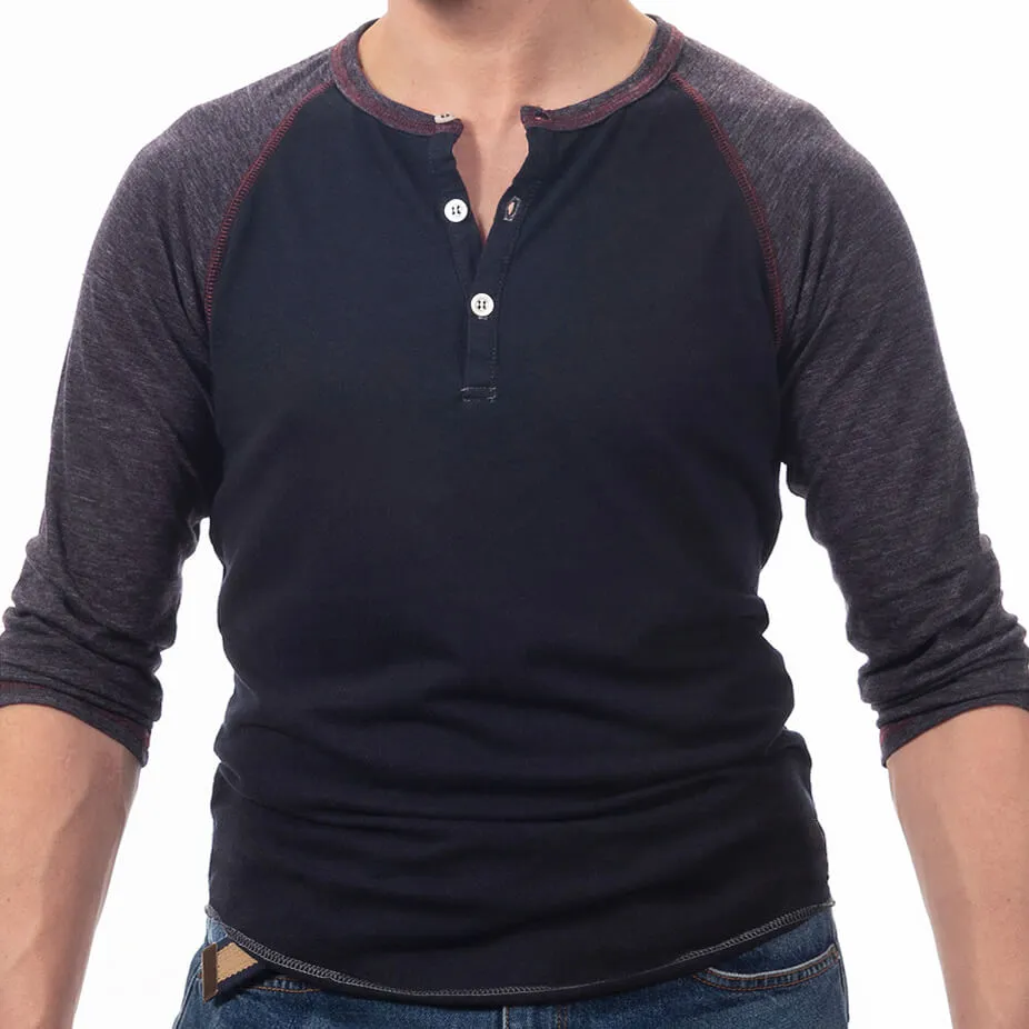 Burgundy & Navy Blue Contrast 3/4 Raglan Sleeve Tri-Blend Henley Shirt (XL Available)