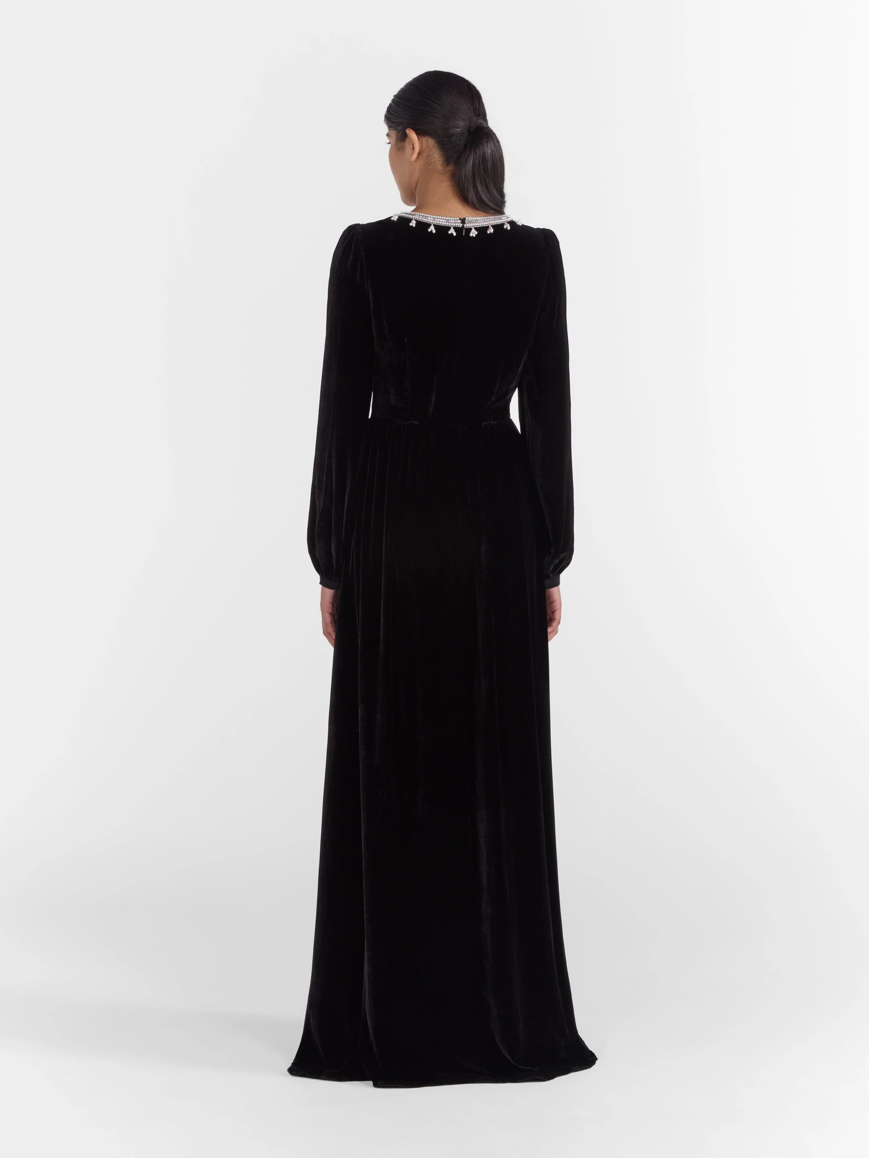 Camille Long Dress in Black Monarch Embroidery