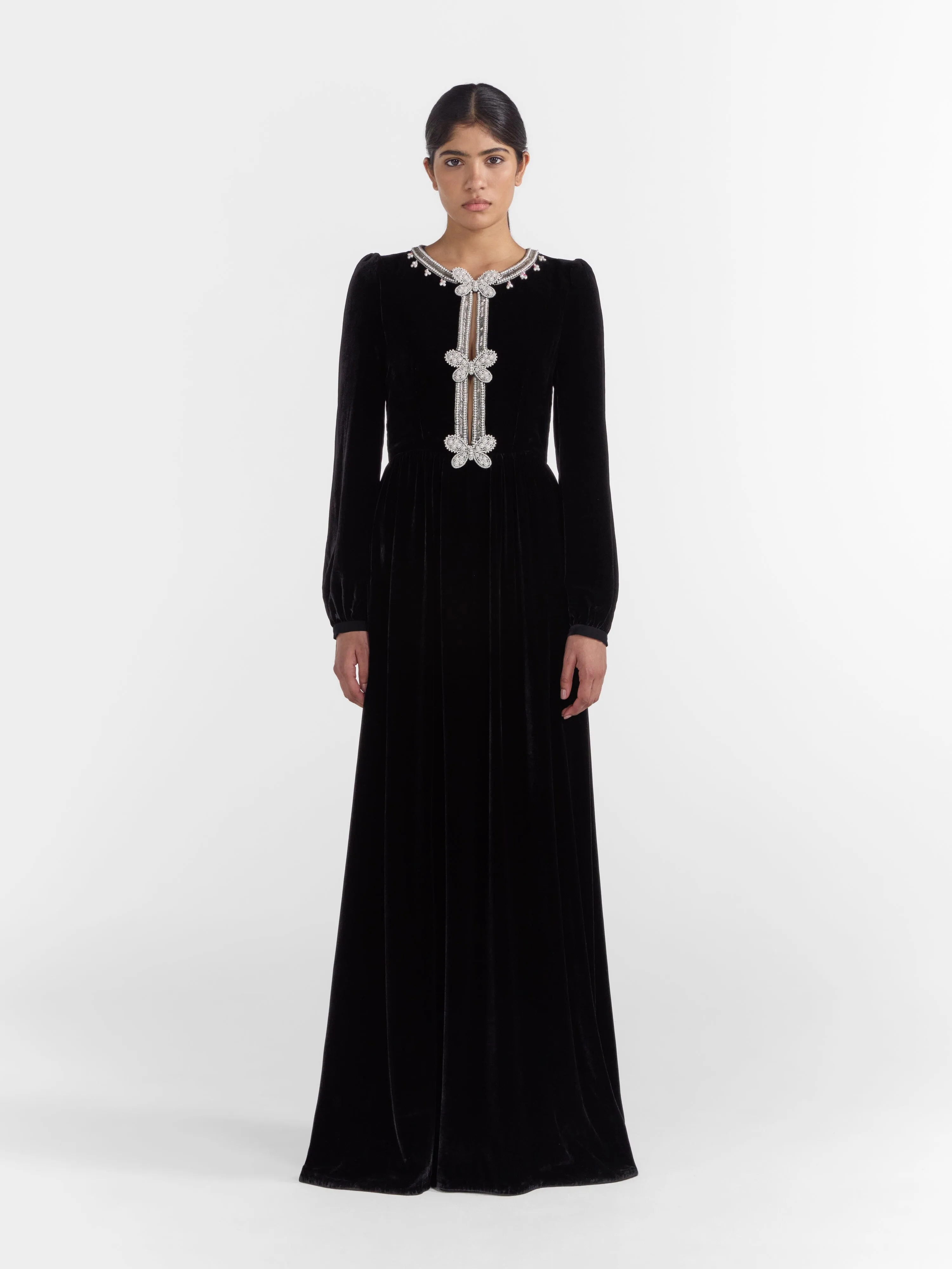 Camille Long Dress in Black Monarch Embroidery