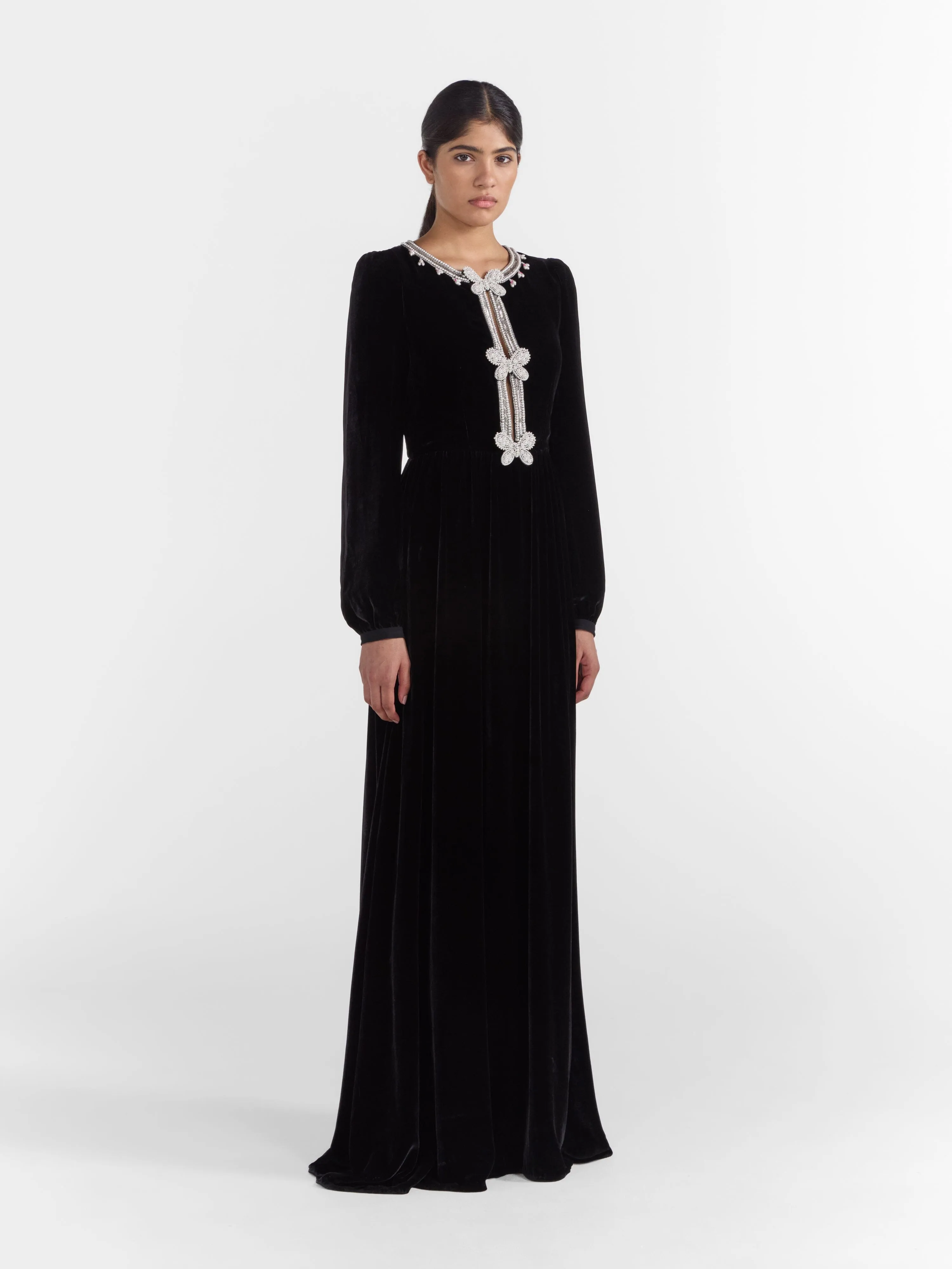 Camille Long Dress in Black Monarch Embroidery