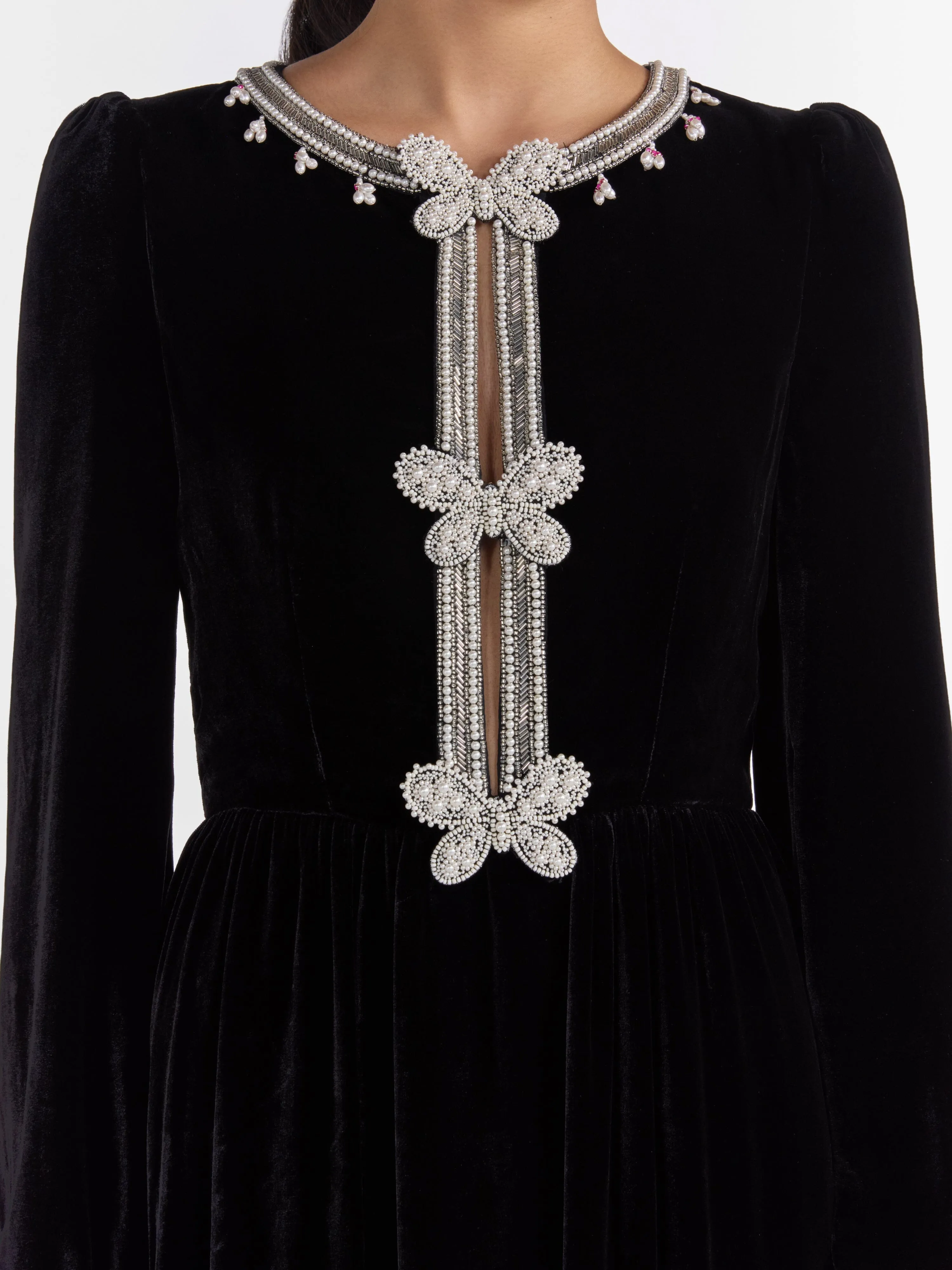 Camille Long Dress in Black Monarch Embroidery