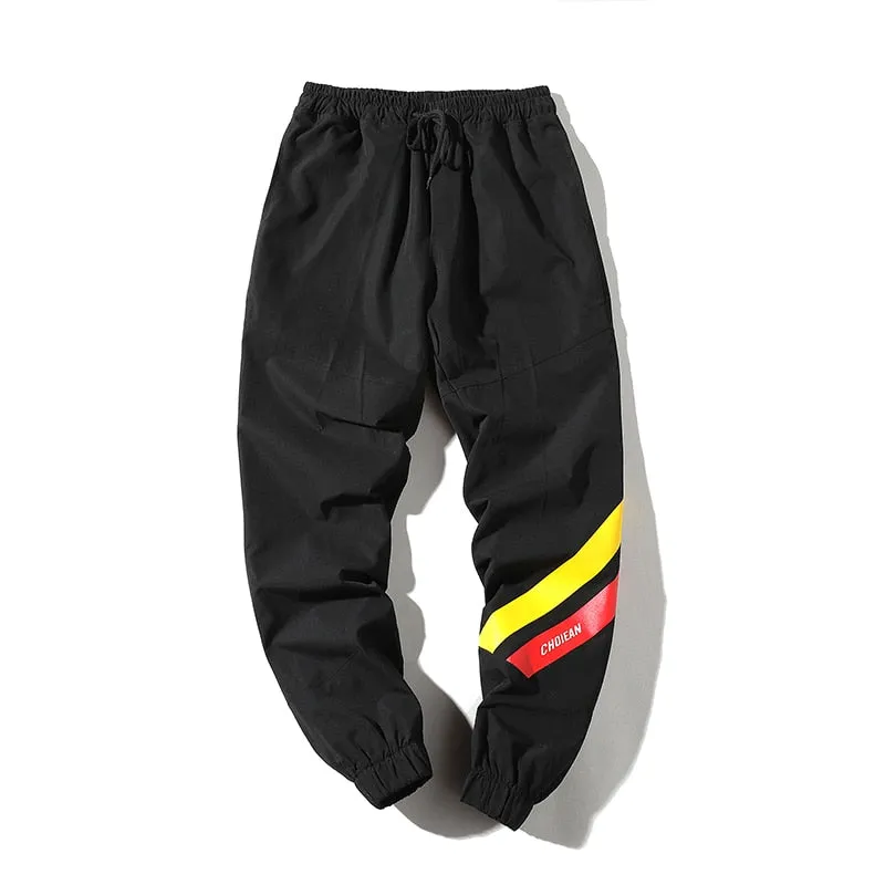 Casual Black Style with Red Yellow Stripe Detail Men Streetwear Pants