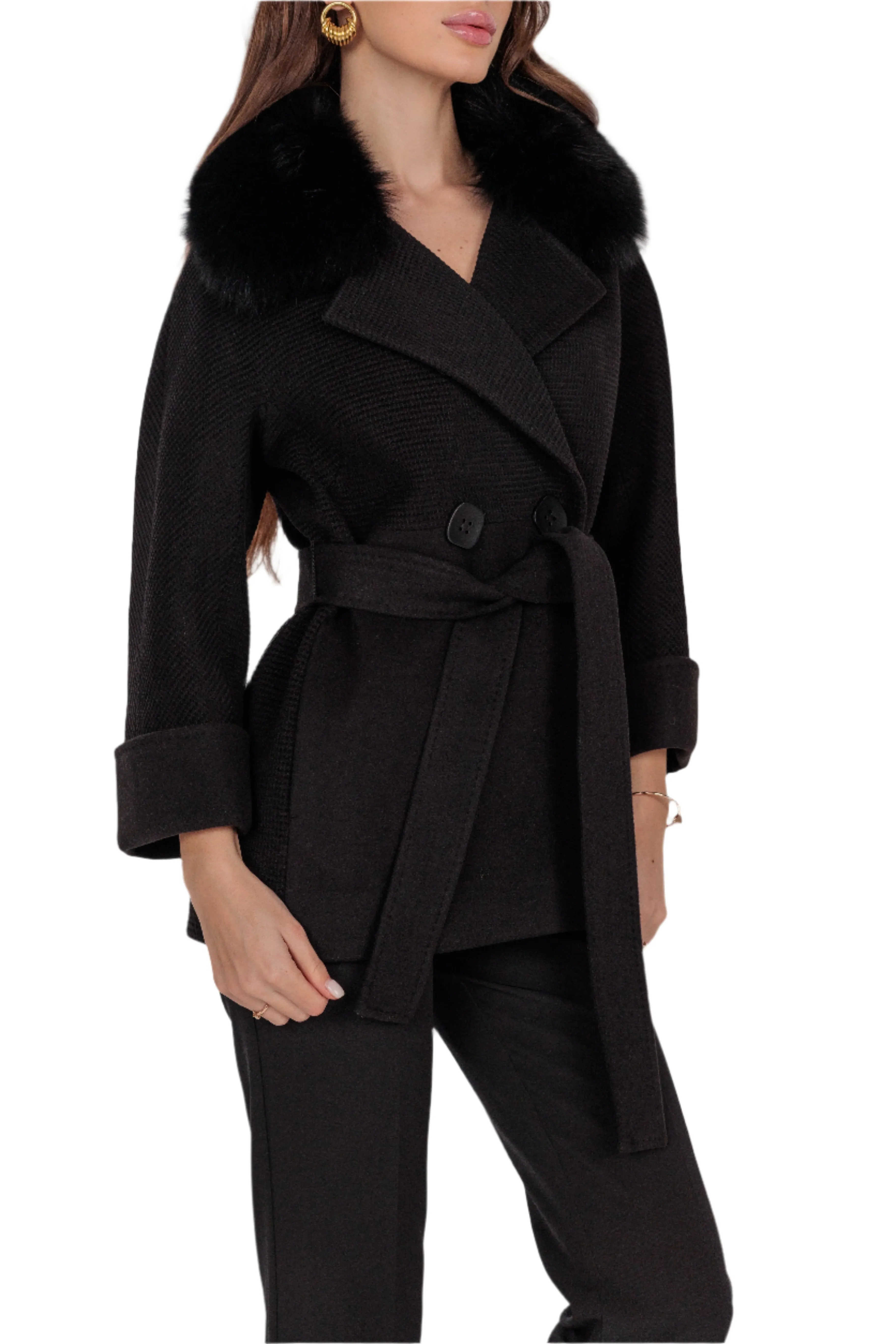 Chelsea Genuine Polar Fox Cashmere Wool Coat