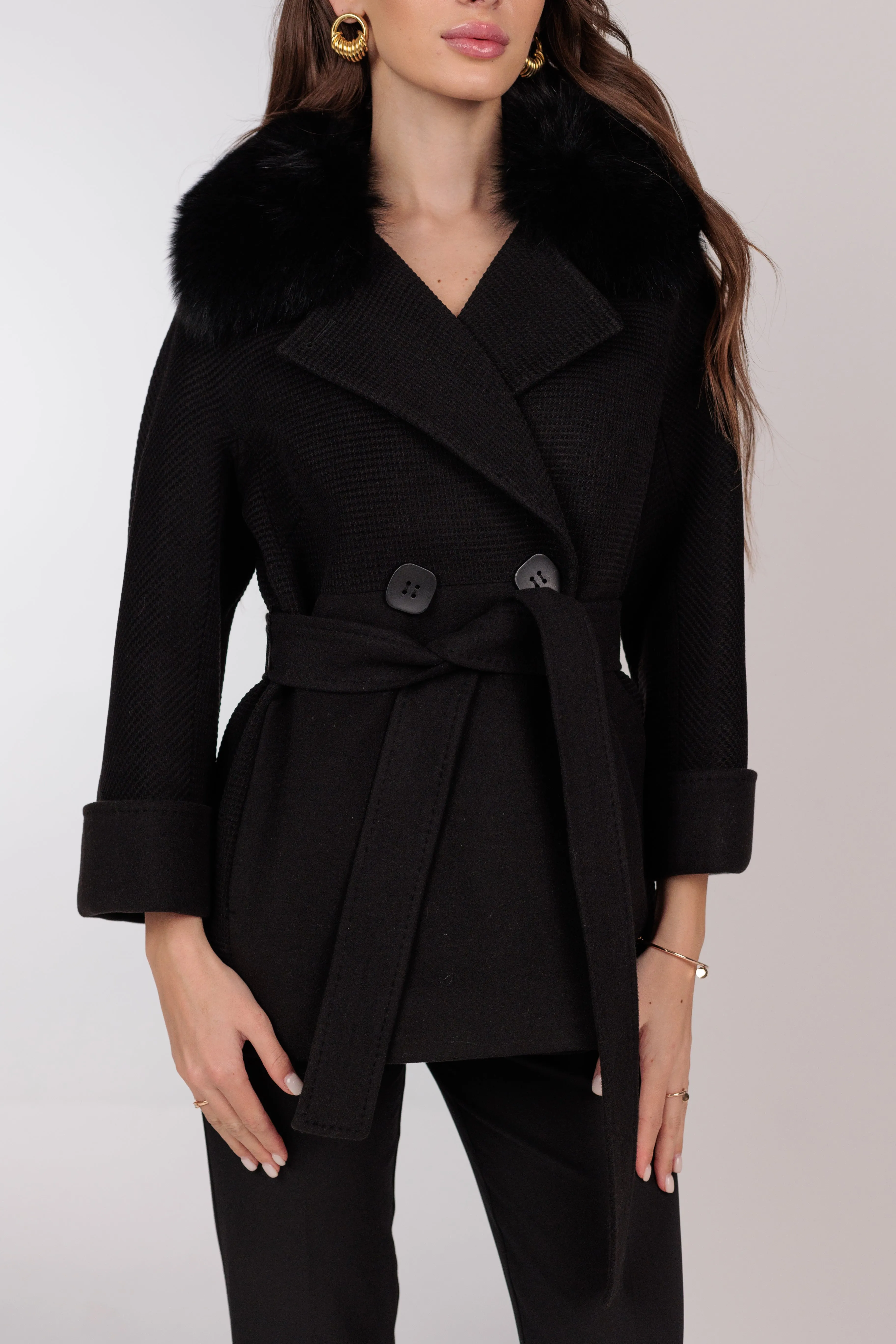 Chelsea Genuine Polar Fox Cashmere Wool Coat