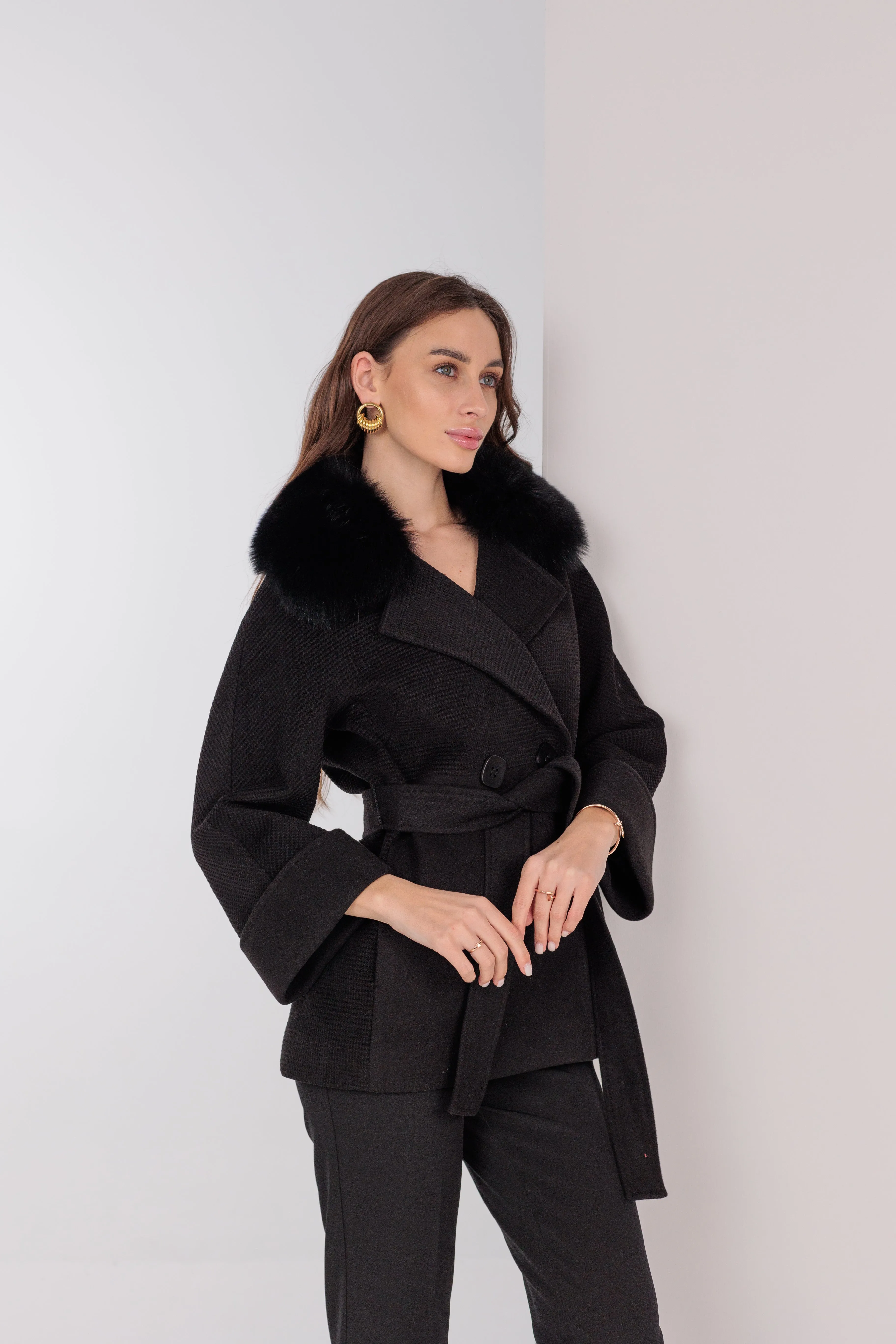 Chelsea Genuine Polar Fox Cashmere Wool Coat
