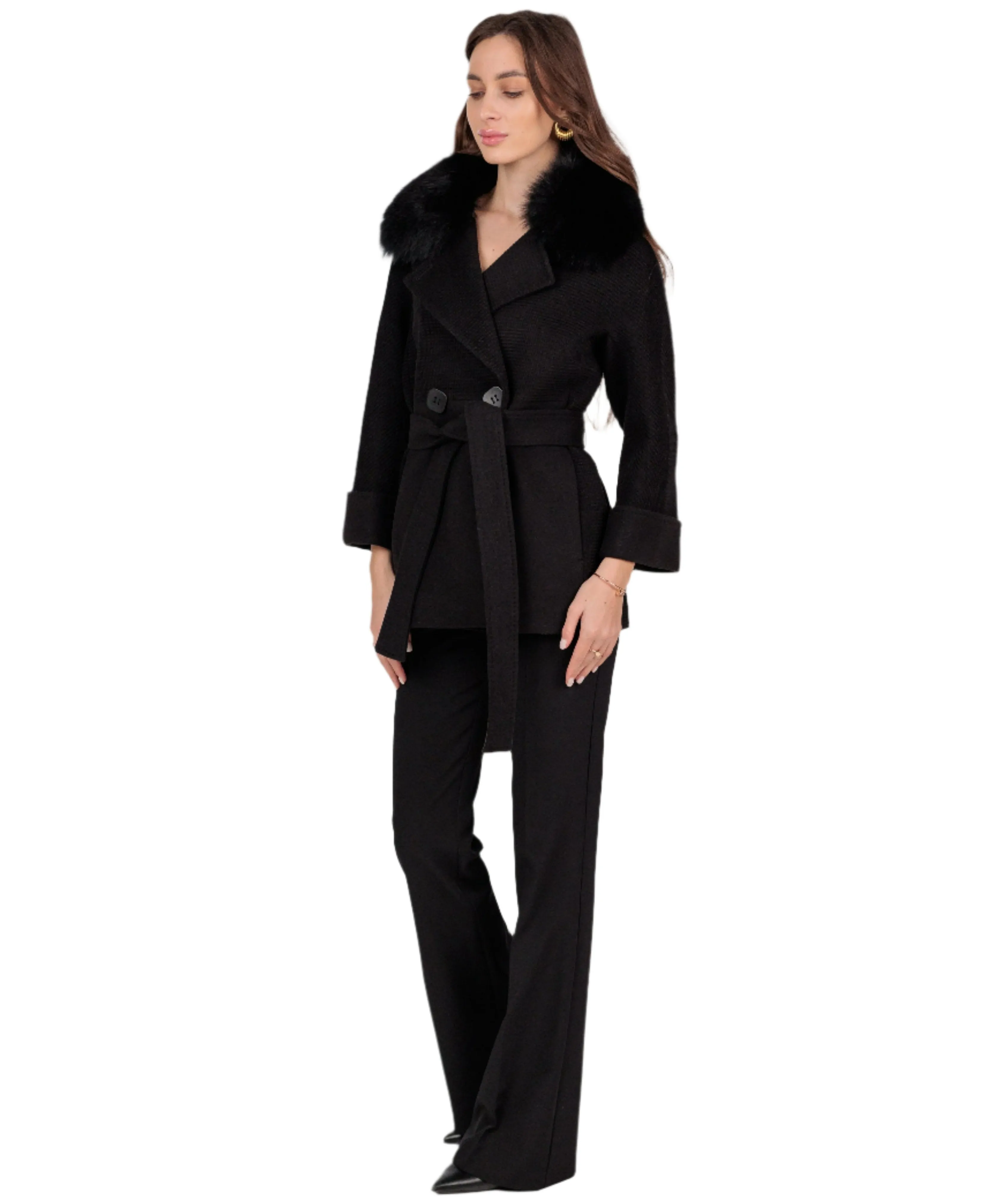 Chelsea Genuine Polar Fox Cashmere Wool Coat