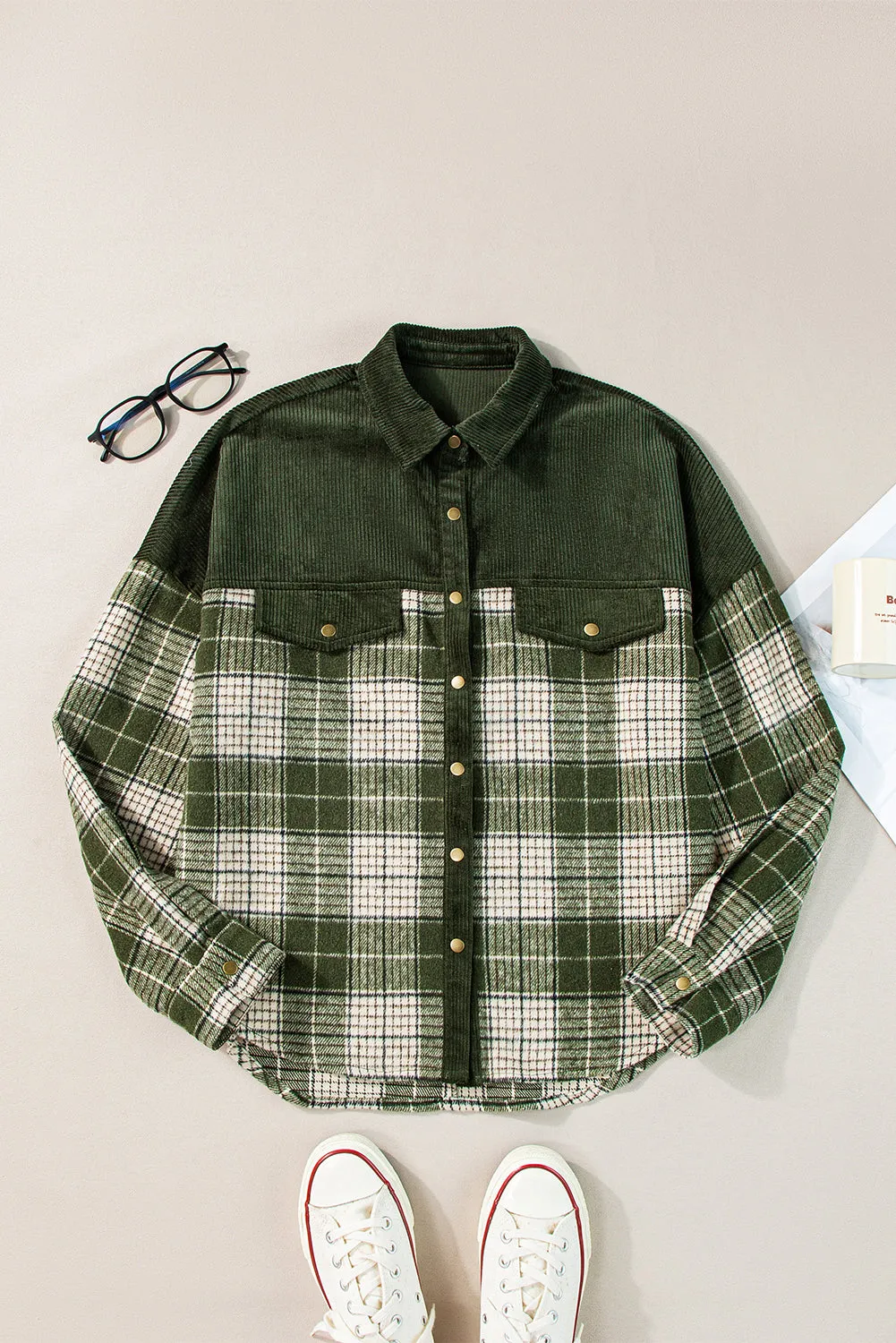 Colorblock Plaid Snap Buttons Shacket