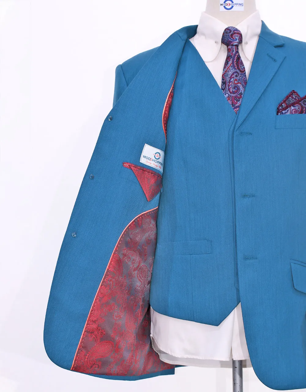 Deep Sky Blue Herringbone 3 Piece Suit
