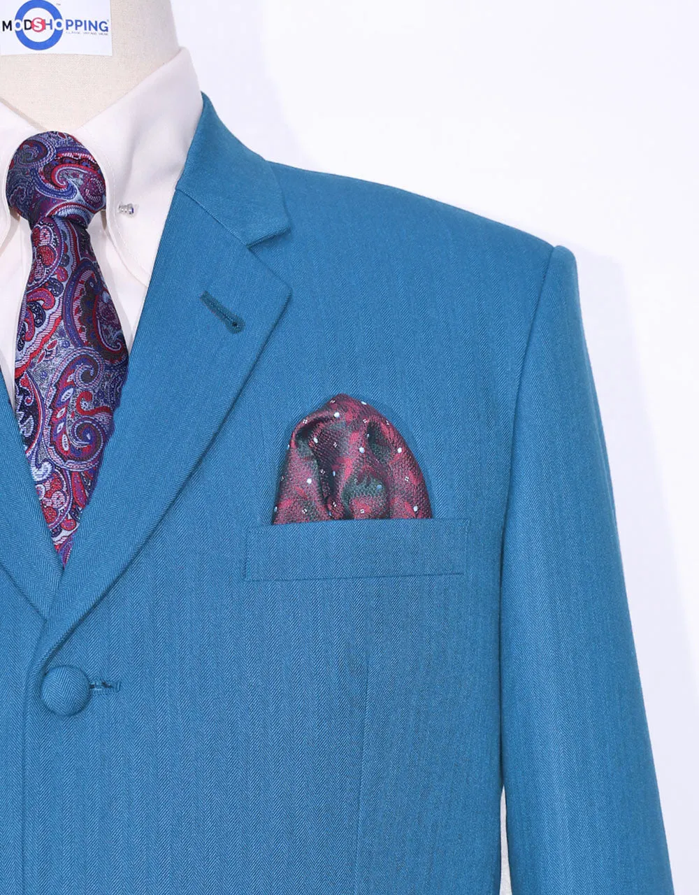 Deep Sky Blue Herringbone 3 Piece Suit
