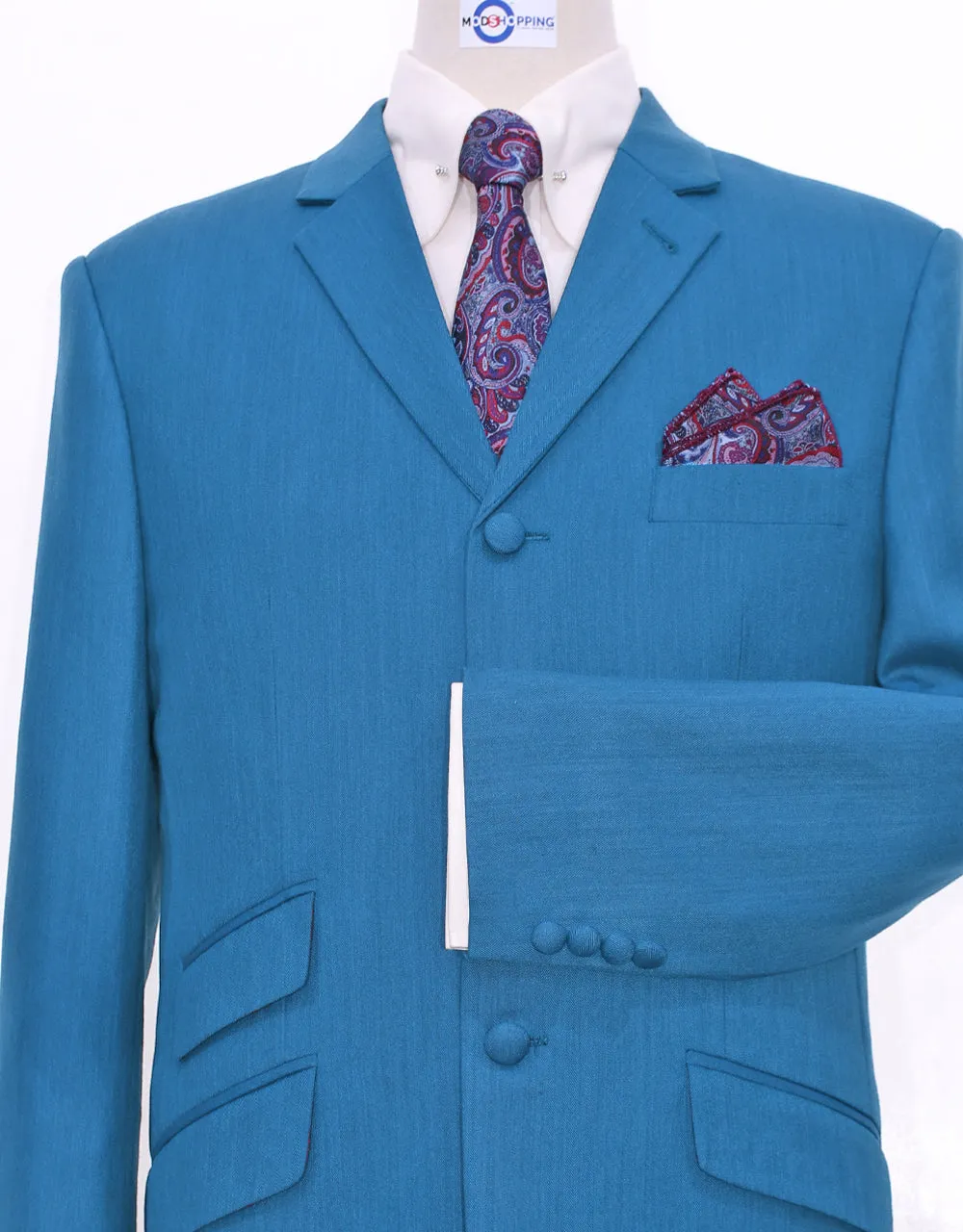 Deep Sky Blue Herringbone 3 Piece Suit
