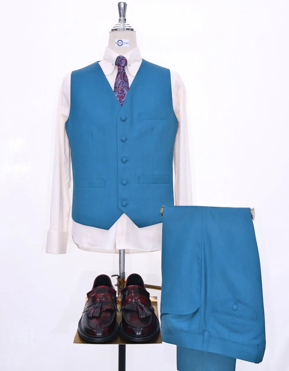 Deep Sky Blue Herringbone 3 Piece Suit
