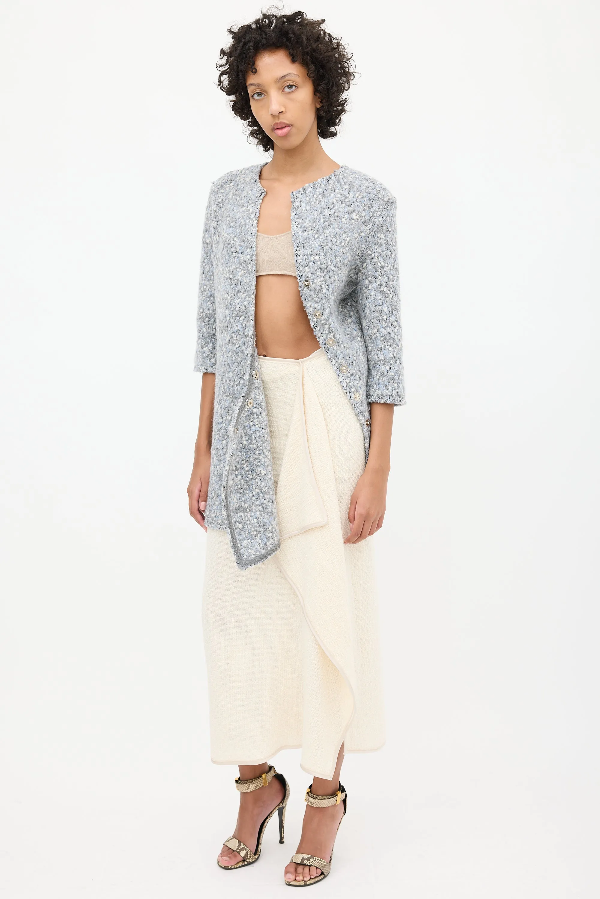 Fall 2014 Blue & Grey Boucle Asymmetrical Button Coat