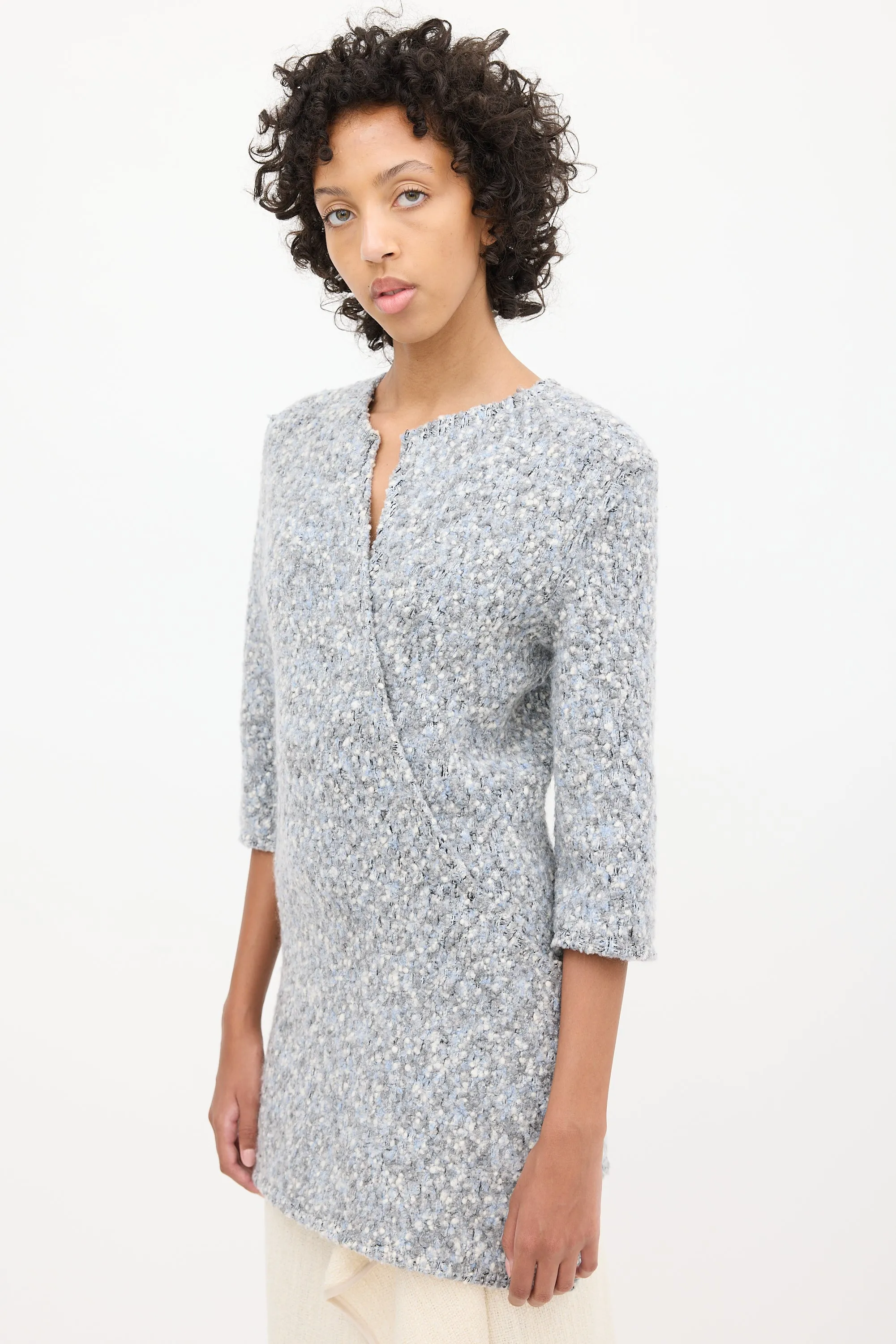 Fall 2014 Blue & Grey Boucle Asymmetrical Button Coat