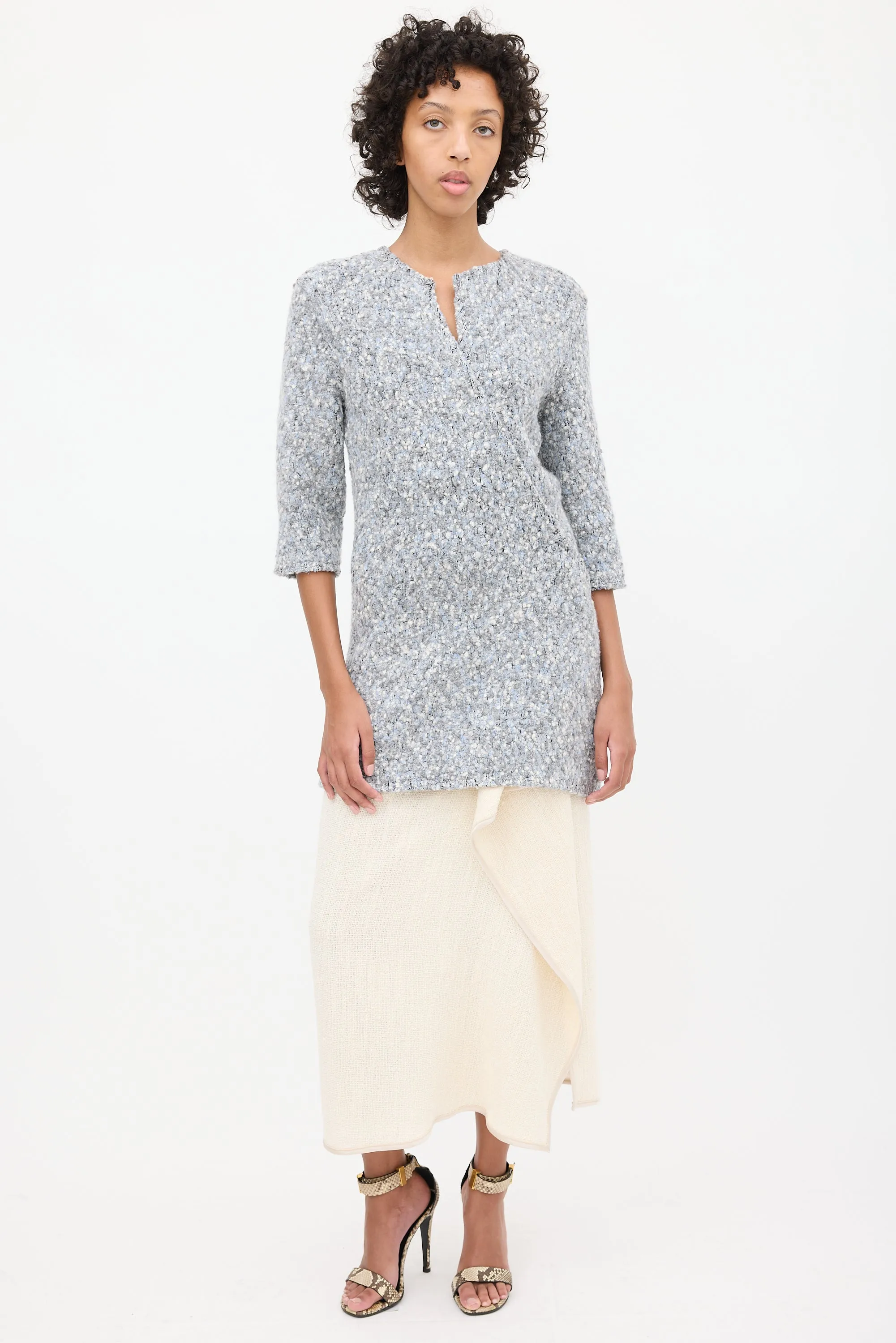 Fall 2014 Blue & Grey Boucle Asymmetrical Button Coat