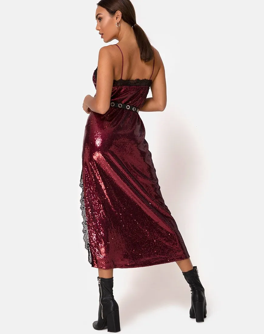 Fitilia Dress in Burgundy Mini Sequin with Black Lace