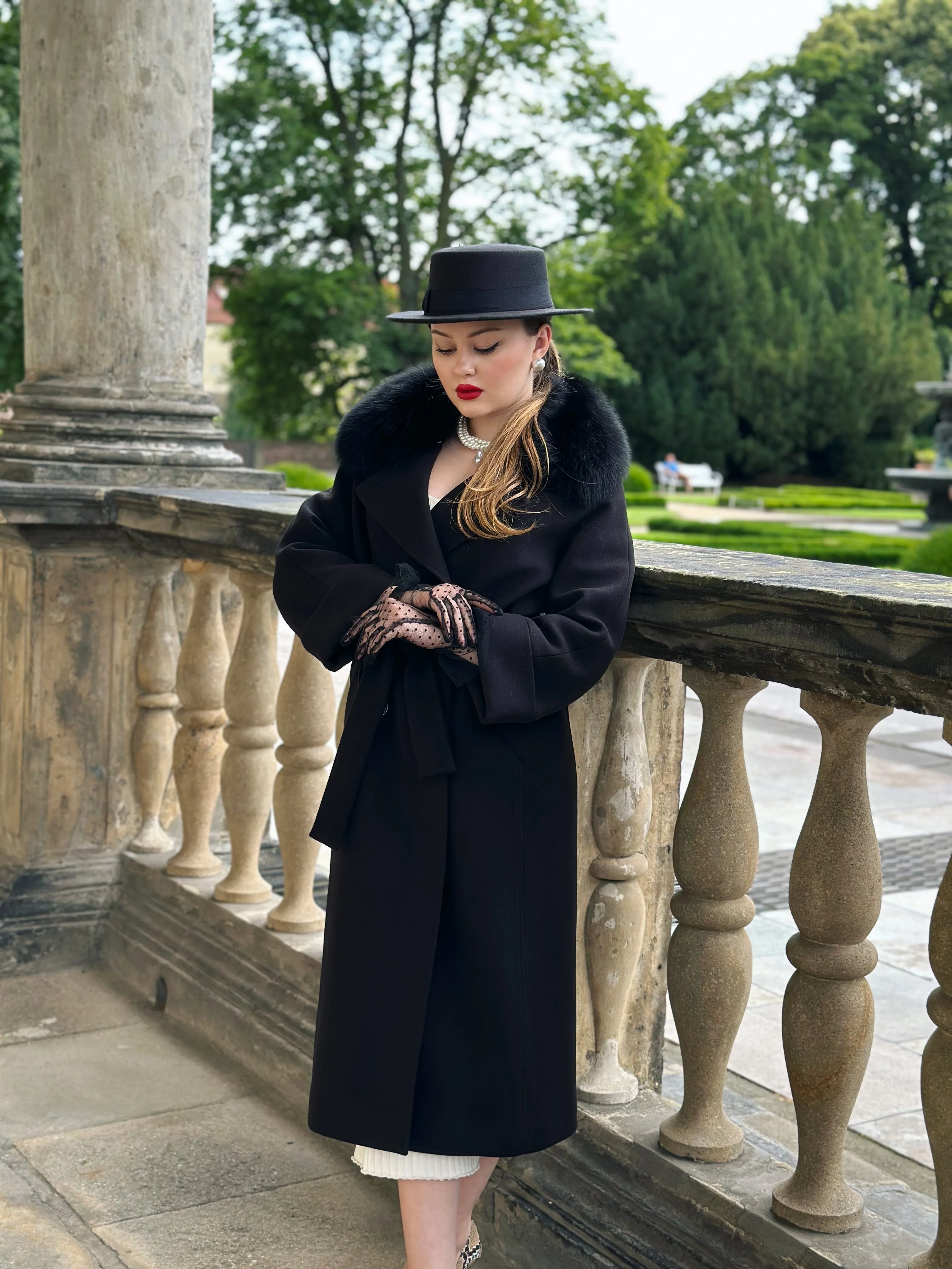Genuine Polar Fox Collar Cashmere Wool Coat