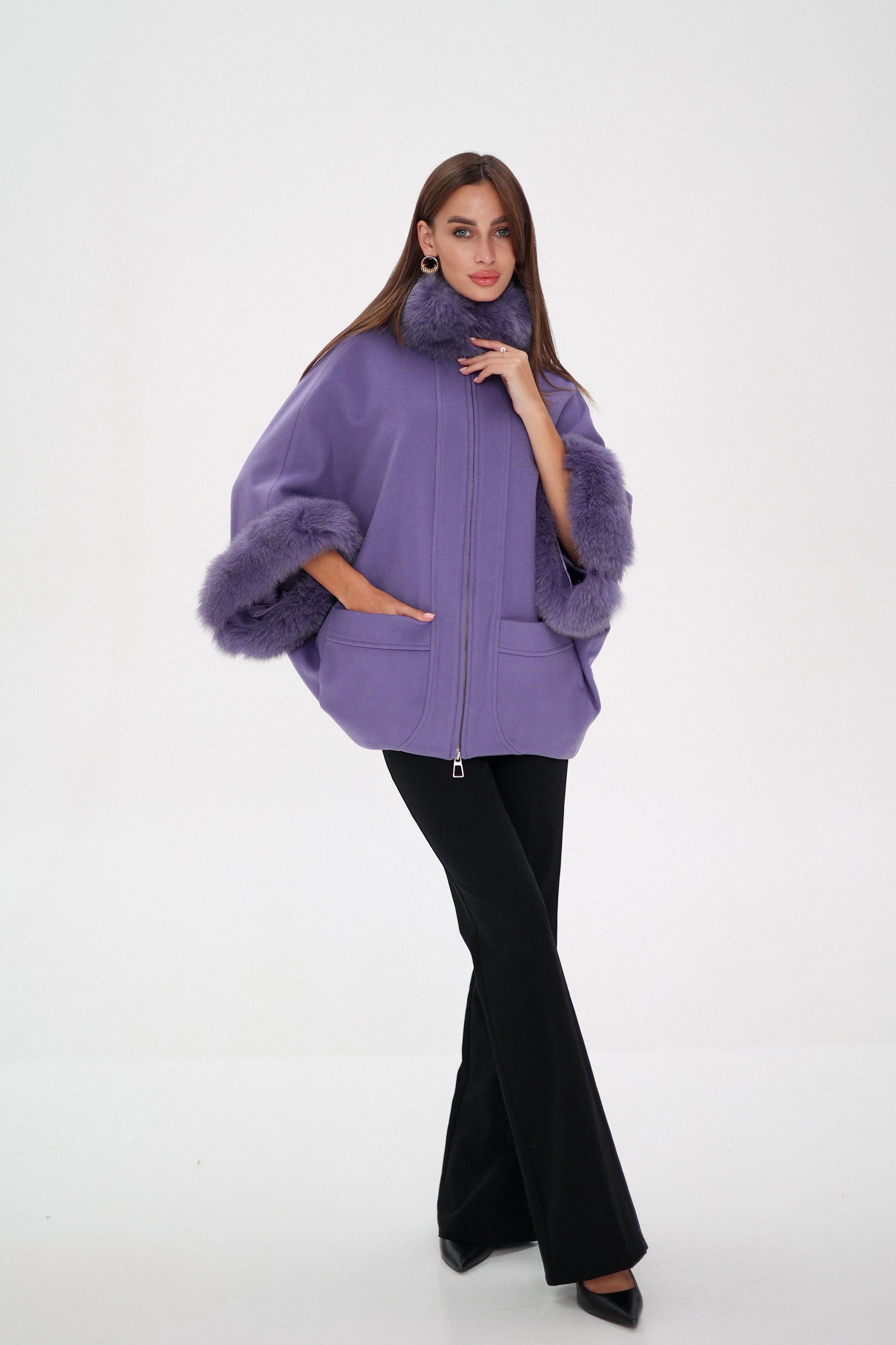 Genuine Polar Fox Fur Cashmere Blend Coat in Moonlit Orchid