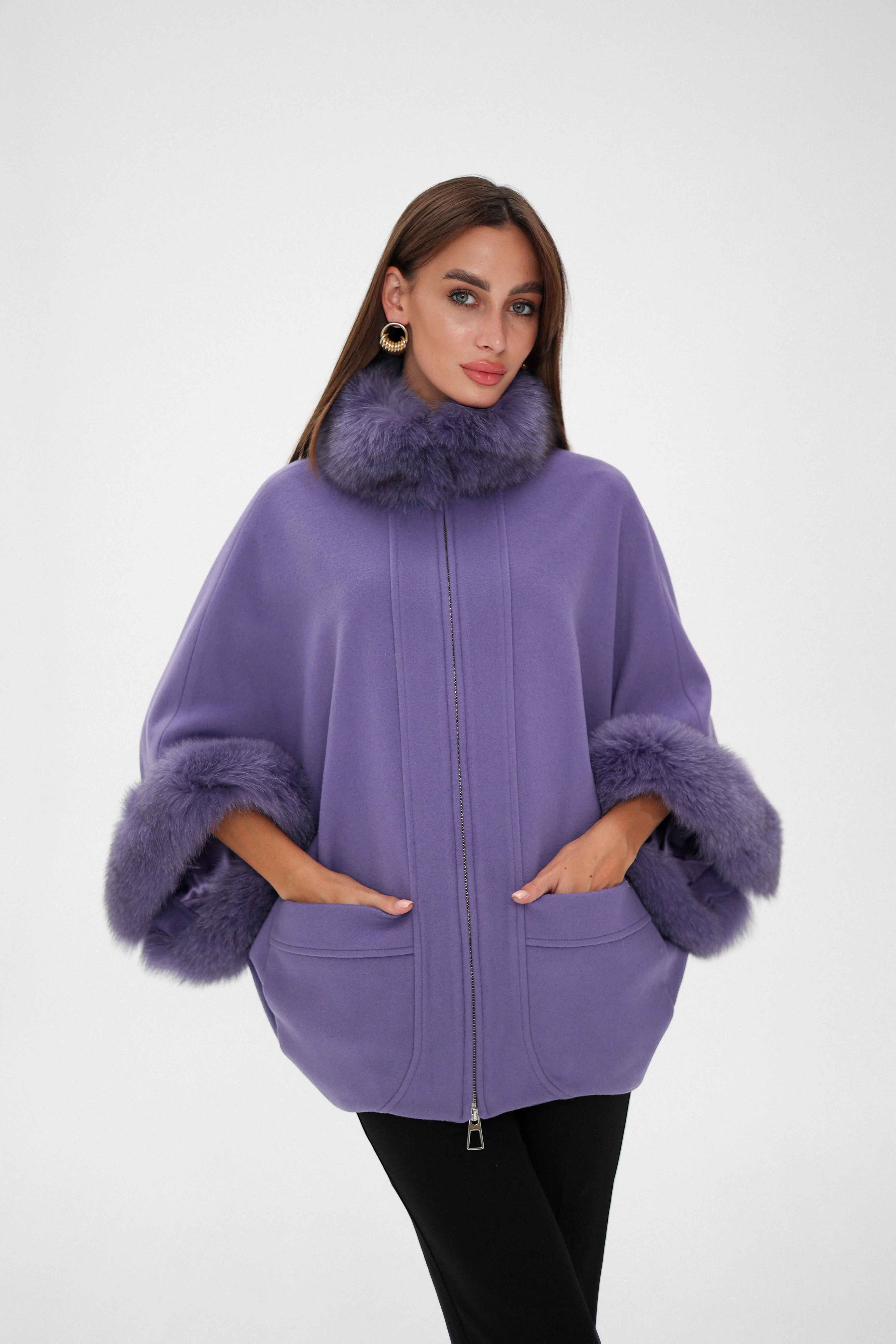 Genuine Polar Fox Fur Cashmere Blend Coat in Moonlit Orchid