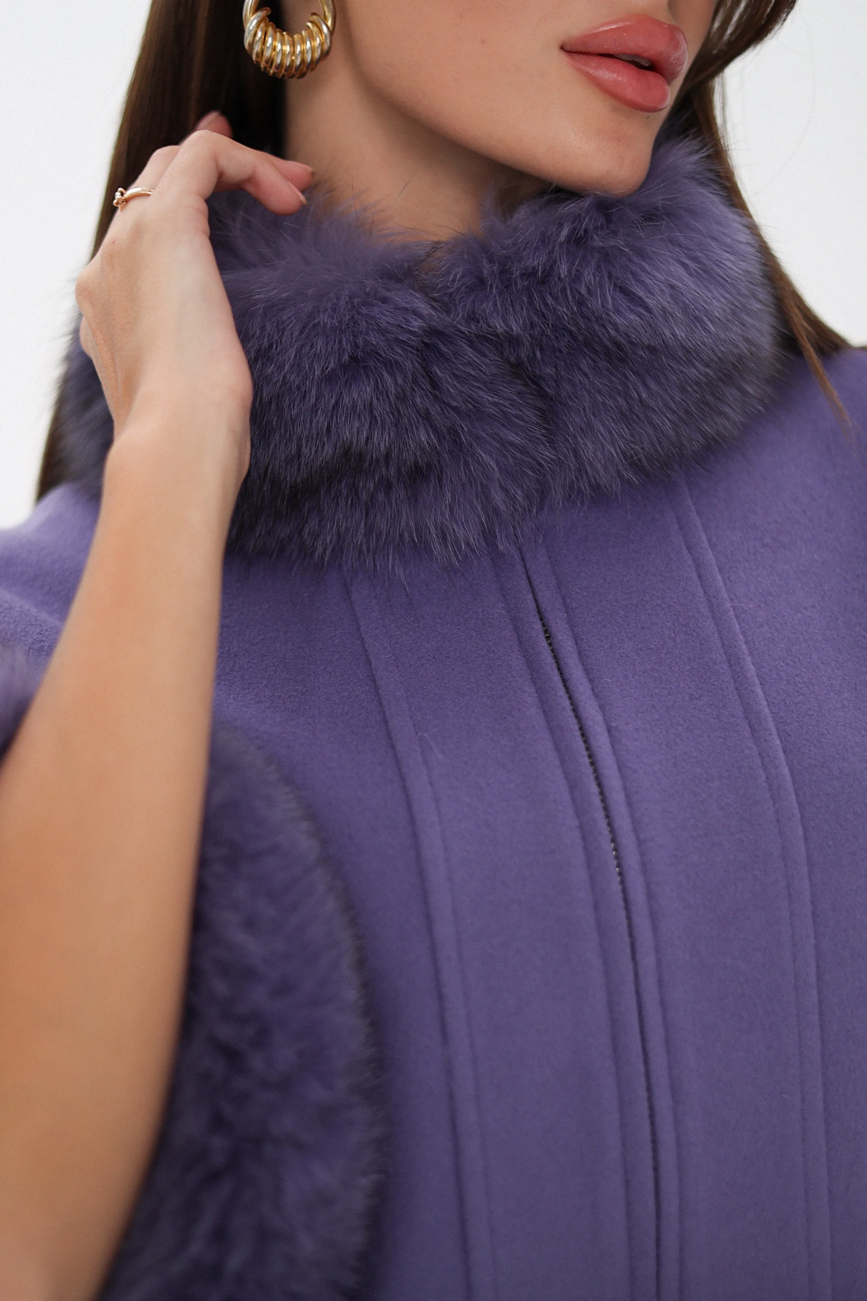 Genuine Polar Fox Fur Cashmere Blend Coat in Moonlit Orchid