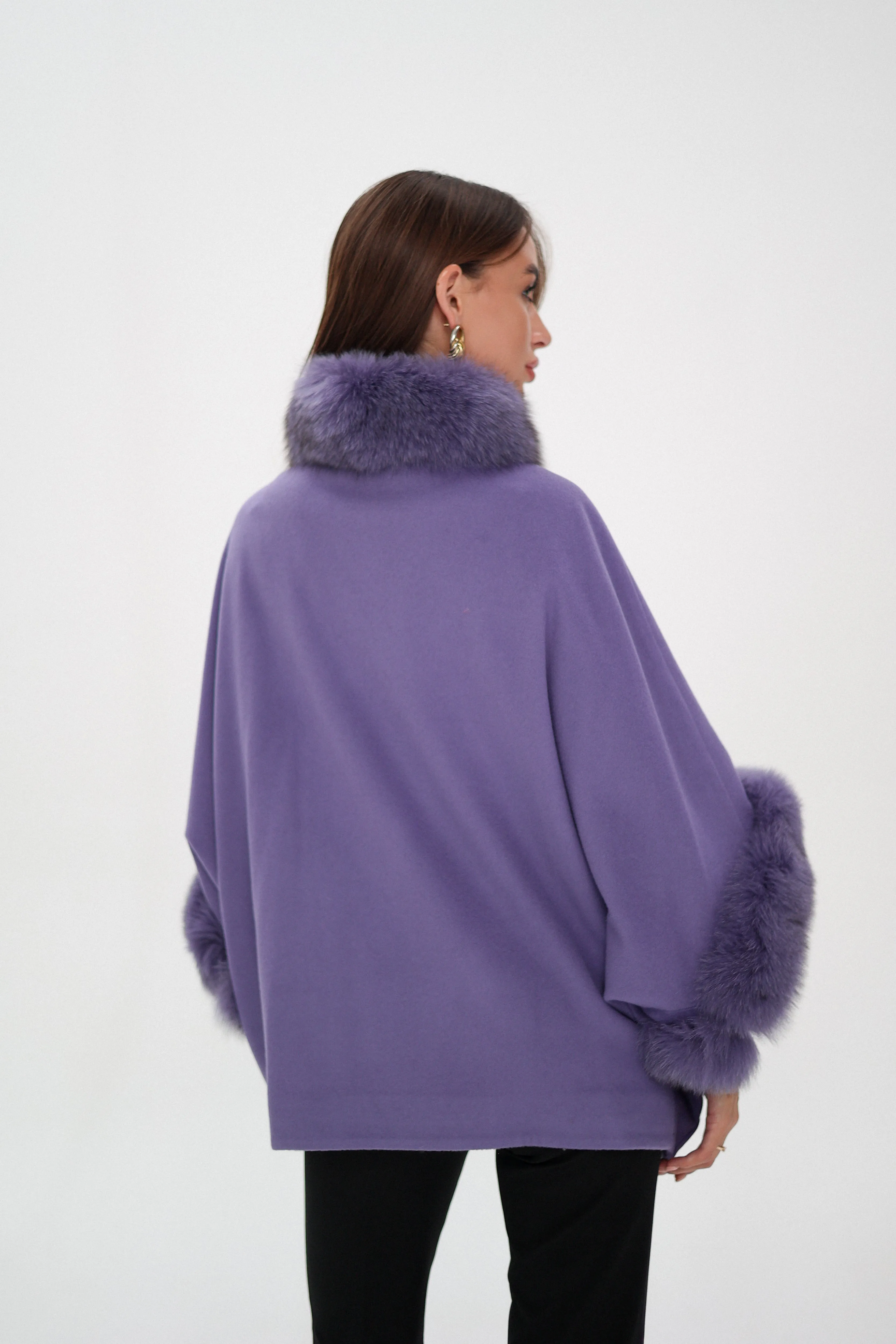 Genuine Polar Fox Fur Cashmere Blend Coat in Moonlit Orchid