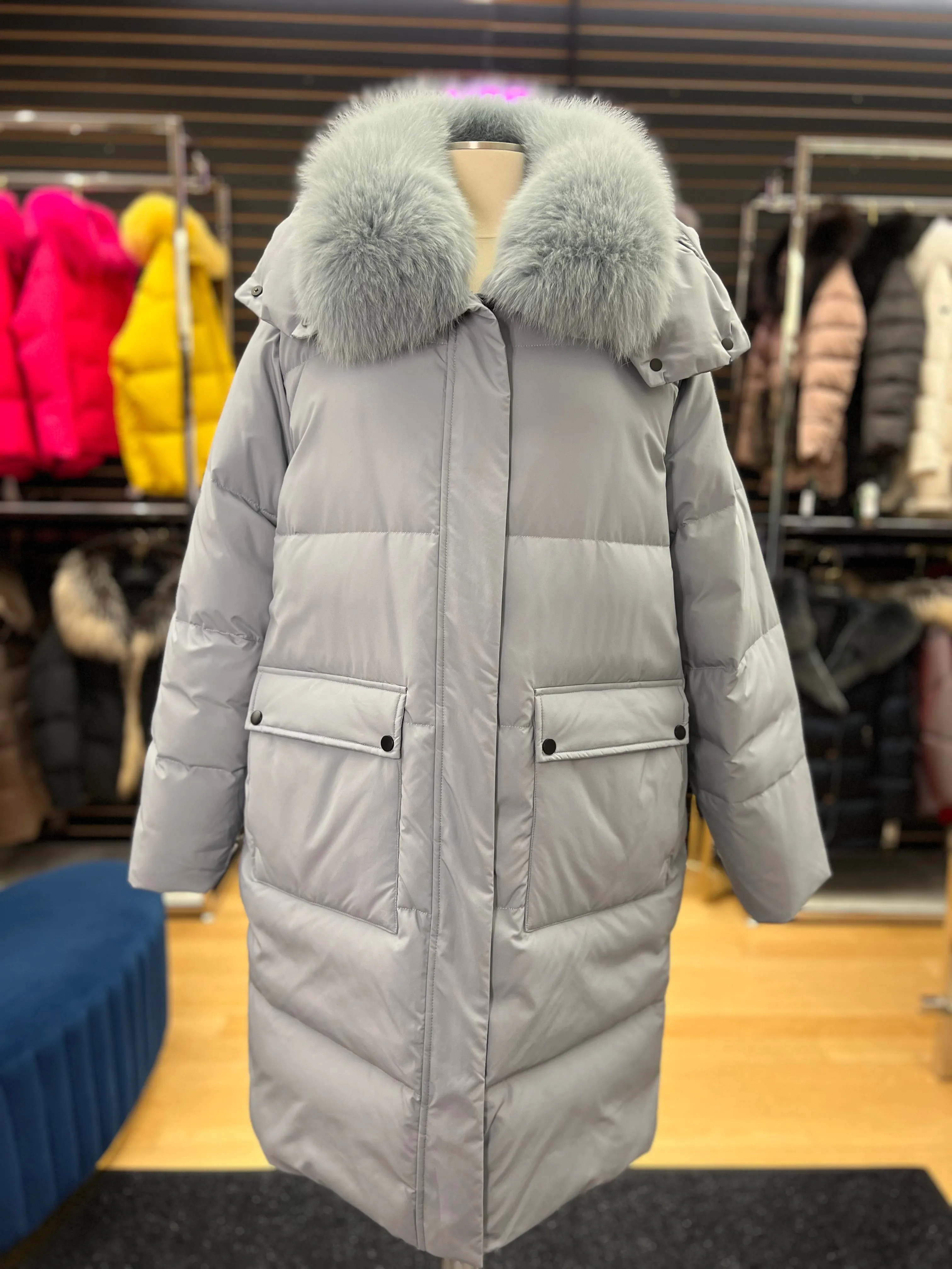 Genuine Polar Fox Fur Trim Down Fill Coat