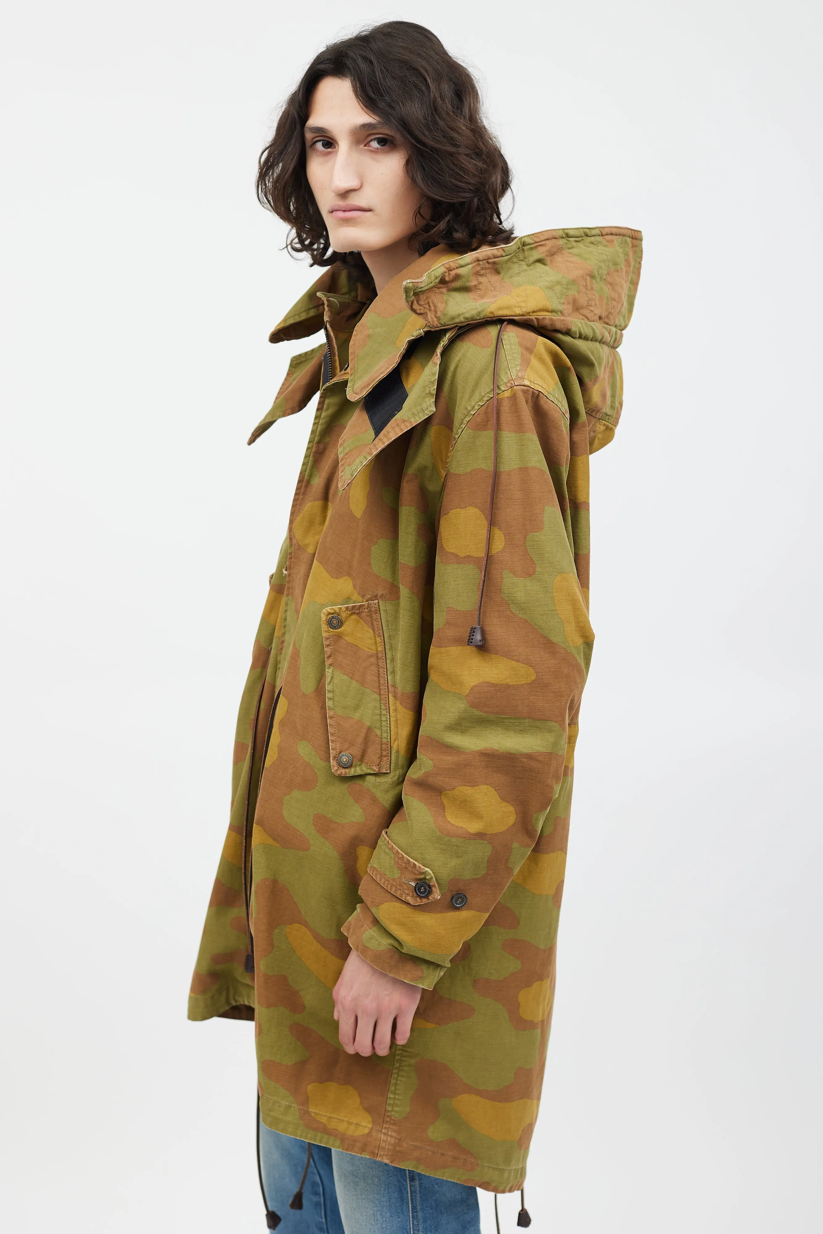Green & Multicolour Fleece Lined Camo Coat