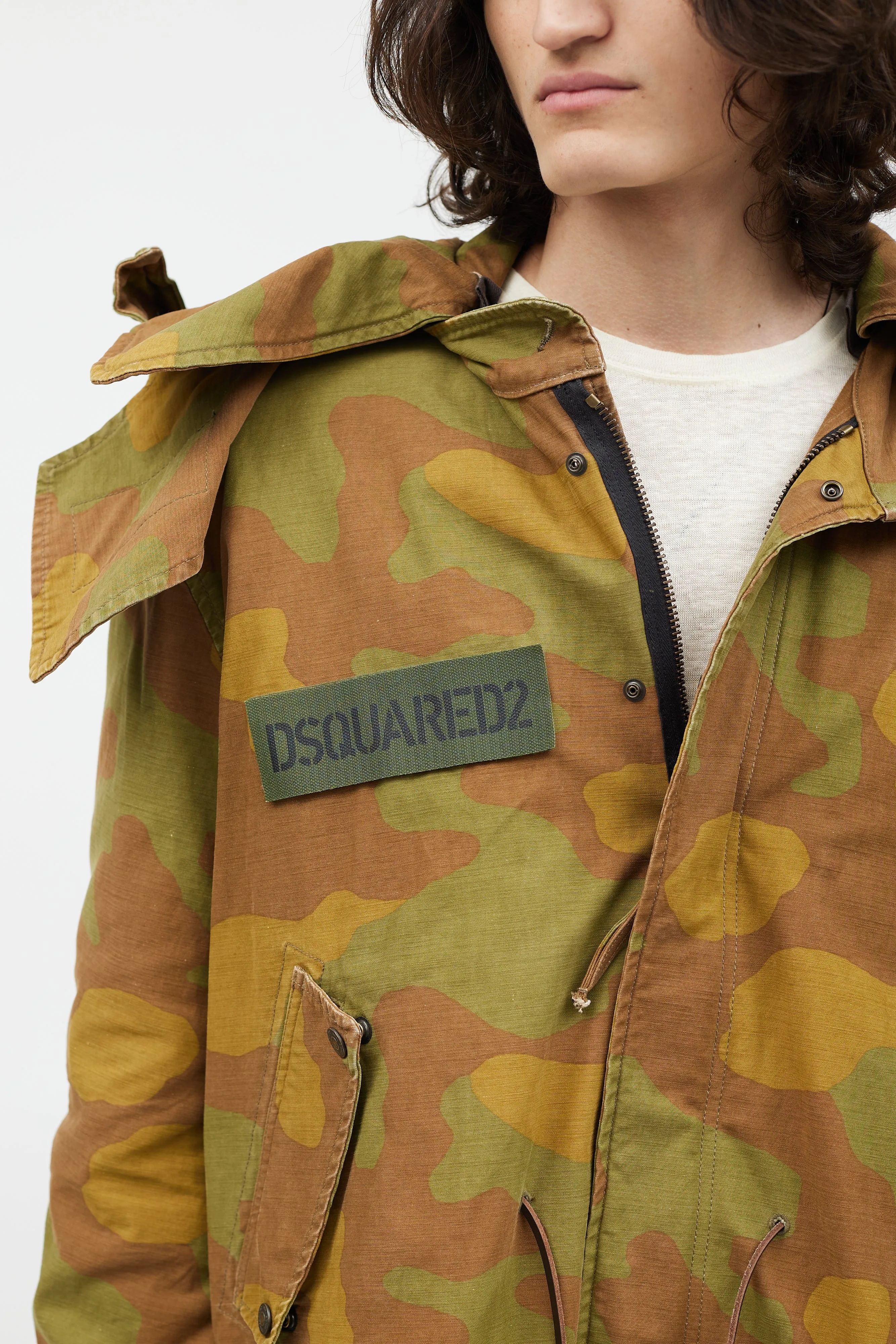Green & Multicolour Fleece Lined Camo Coat