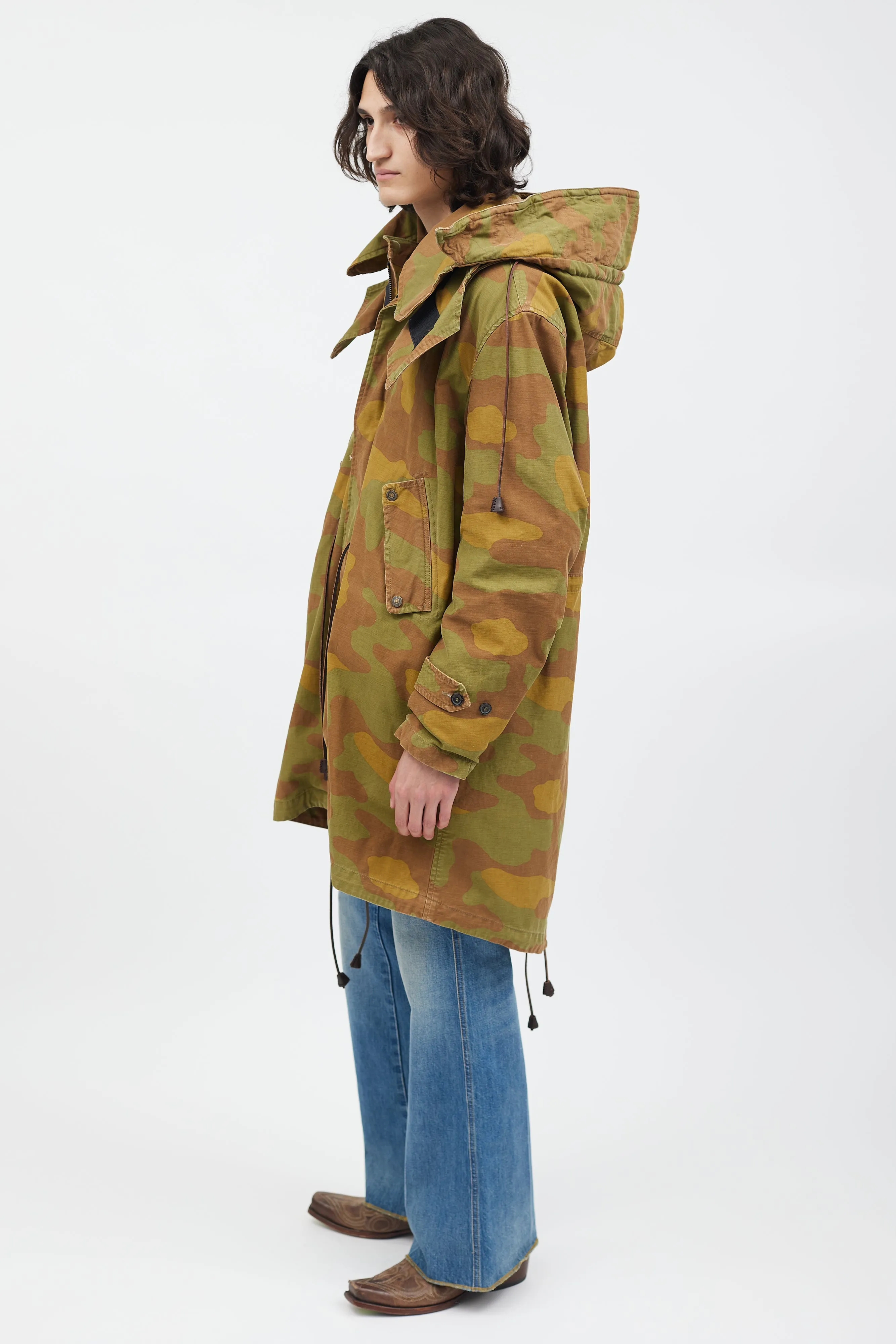 Green & Multicolour Fleece Lined Camo Coat