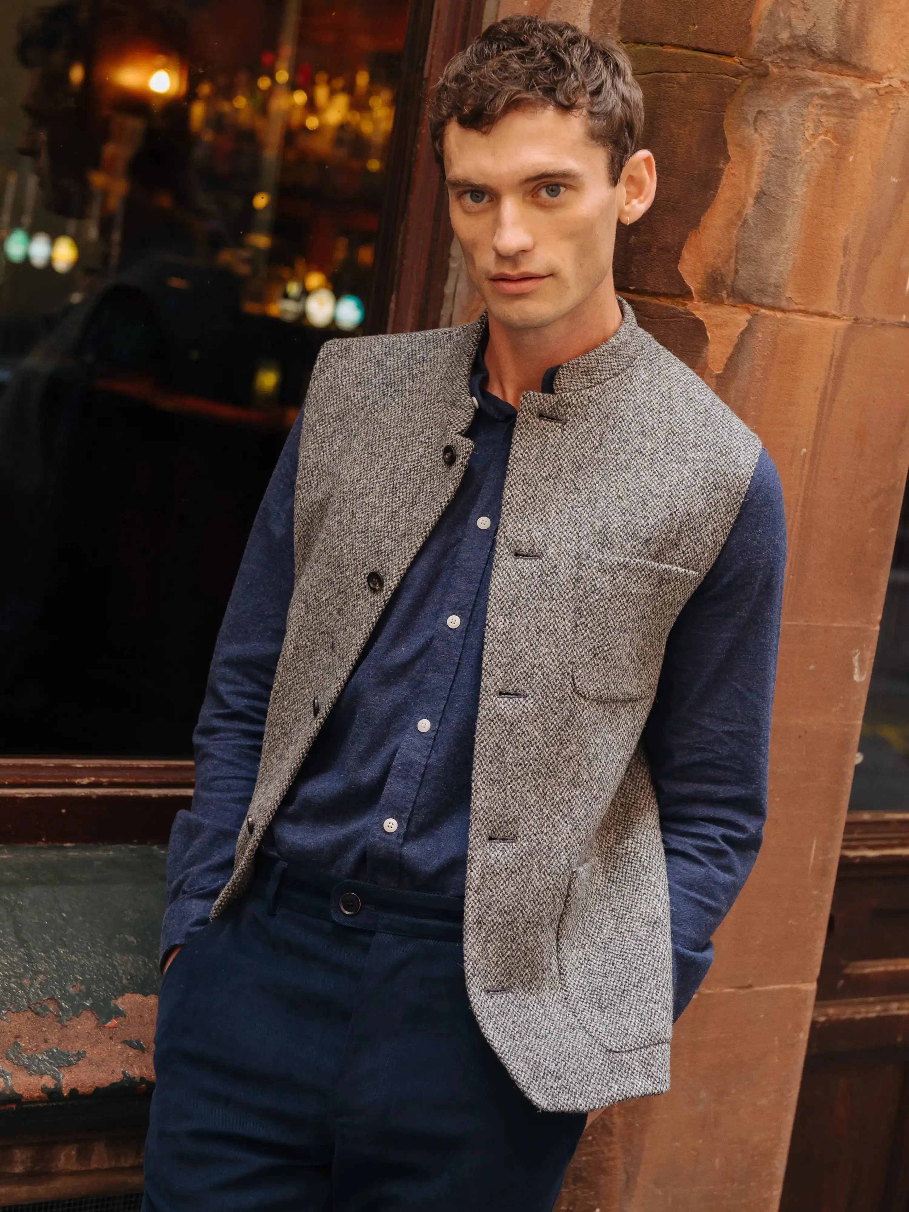 Grey Harris Tweed Nehru Waistcoat
